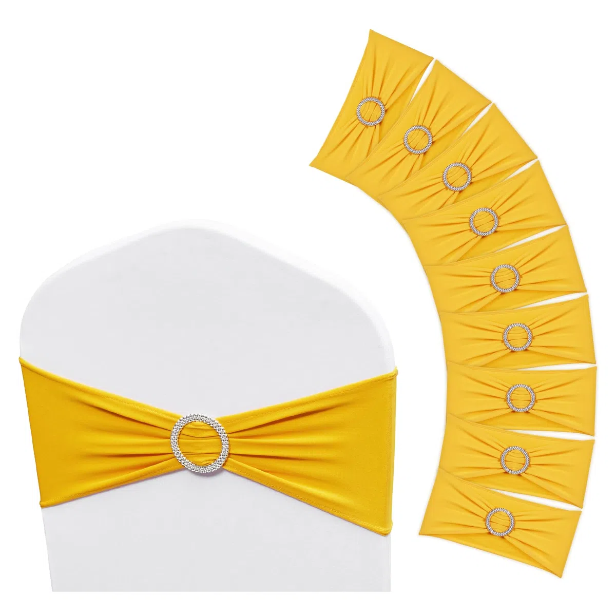 VEVOR Fajas de Spandex para Sillas con Bandas Elásticas y Hebilla, para Bodas y Fiestas (50 Piezas, Amarillo Dorado)