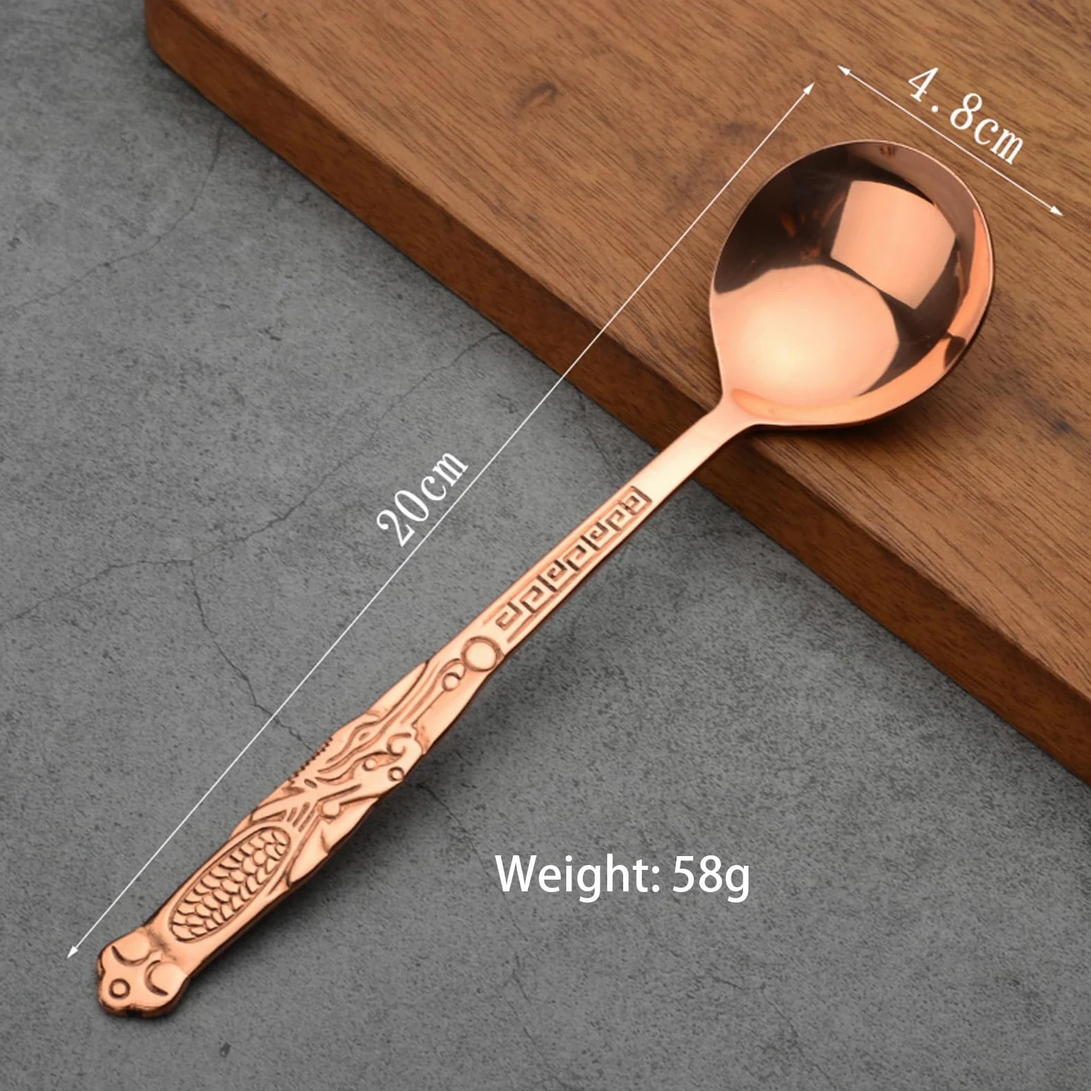 Cuchara de cobre 100 % puro, forja de 7.87 pulgadas como una cuchara de cobre con patrón retro antiguo, adecuada para cenas familiares, restaurantes, postres, pasteles, helados (1)