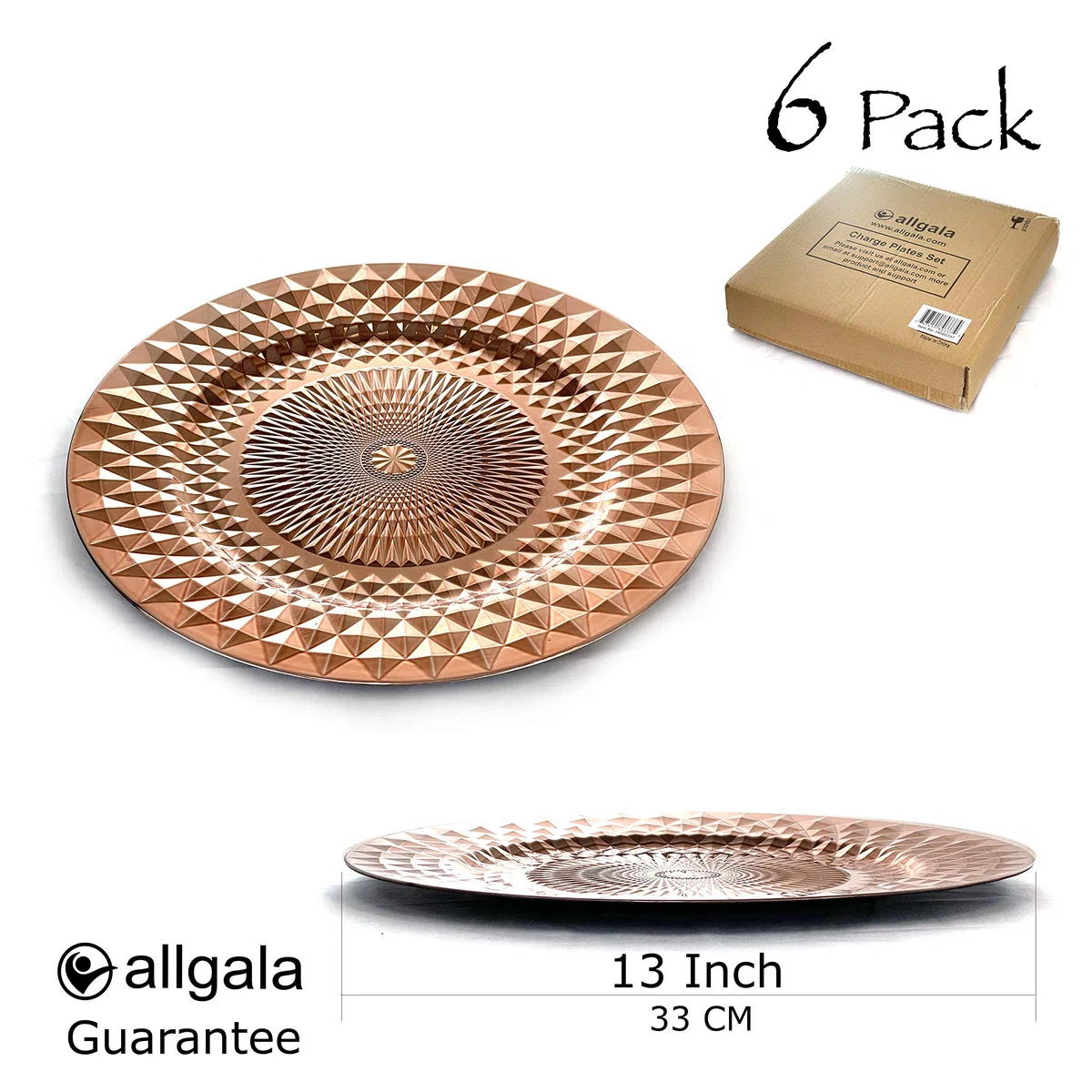 Allgala - Placas cargadoras de 13 pulgadas, paquete de 6 unidades de plástico resistente con patrón de diamante para boda, color oro rosa, HD80403