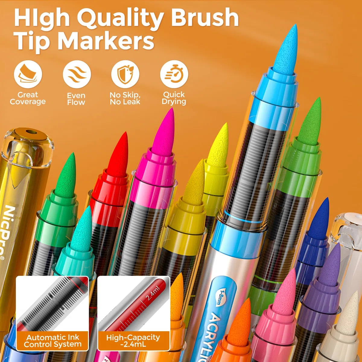 Nicpro 72 colores rotuladores acrilicos con punta pincel, a base de agua, resistentes al agua y con control automático de tinta, ideales para manualidades (piedra, madera, vidrio, cerámica y tela)