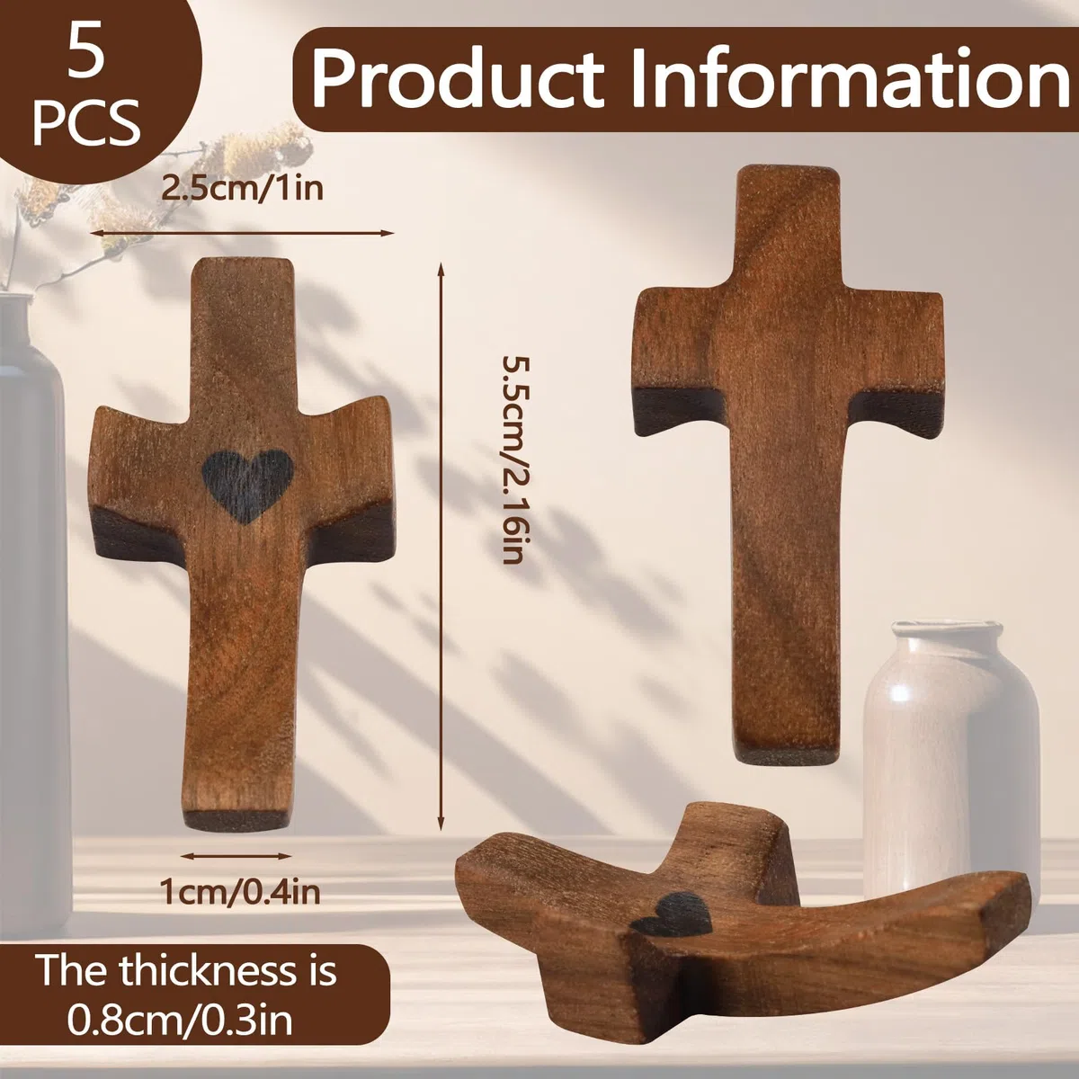 Yitexin Paquete de 5 cruces de bolsillo de madera de nogal, cruz de oración pequeña de 2 pulgadas para sostener la mano, cruz mi corazón, regalo de aliento religioso