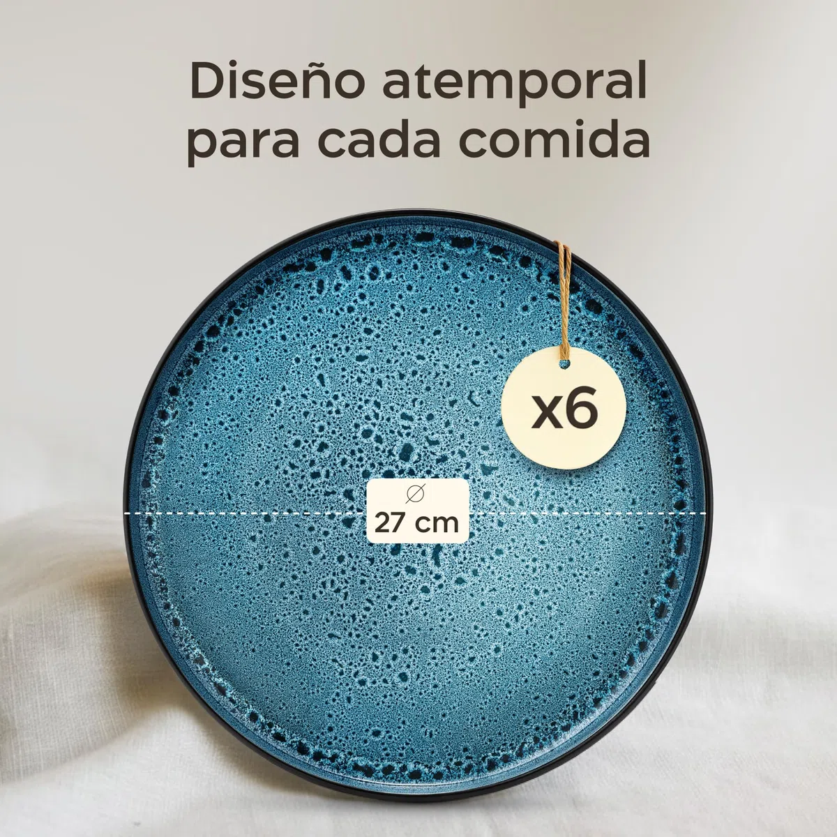Twinzee Vajillas Completas 6 Personas de Gres Azur Resistente - 6 Platos Grandes estilo Riviera - Apta microondas