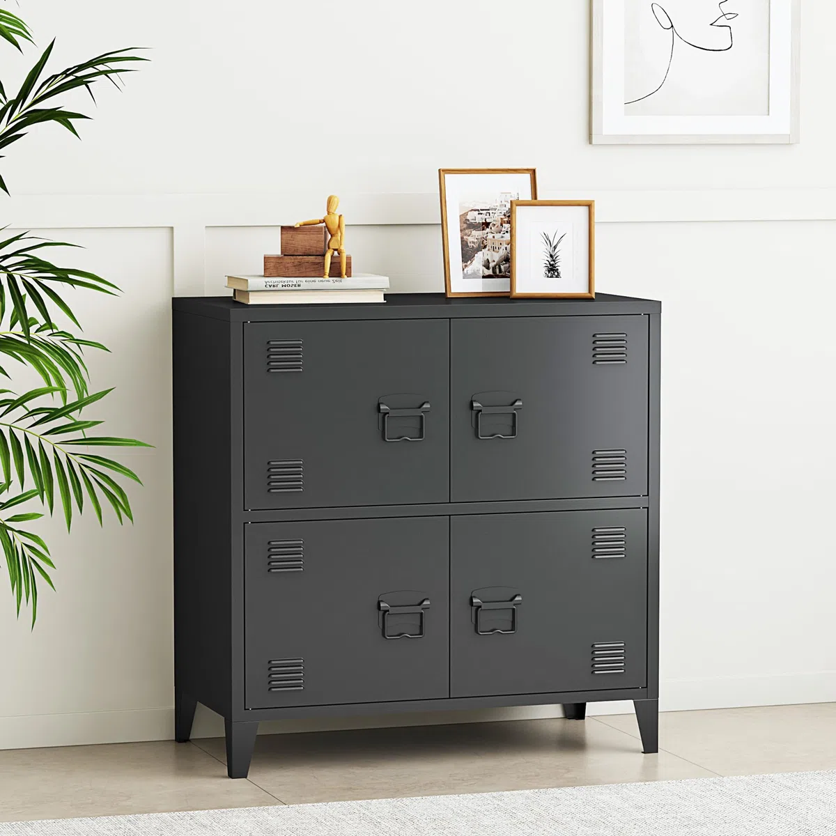 [en.casa] Armario Archivador Hamina Aparador Mueble de Oficina Estudio Garaje con 2 Compartimentos y 4 Puertas con Ranuras de Ventilación Acero 82 x 80 x 40 cm - Negro
