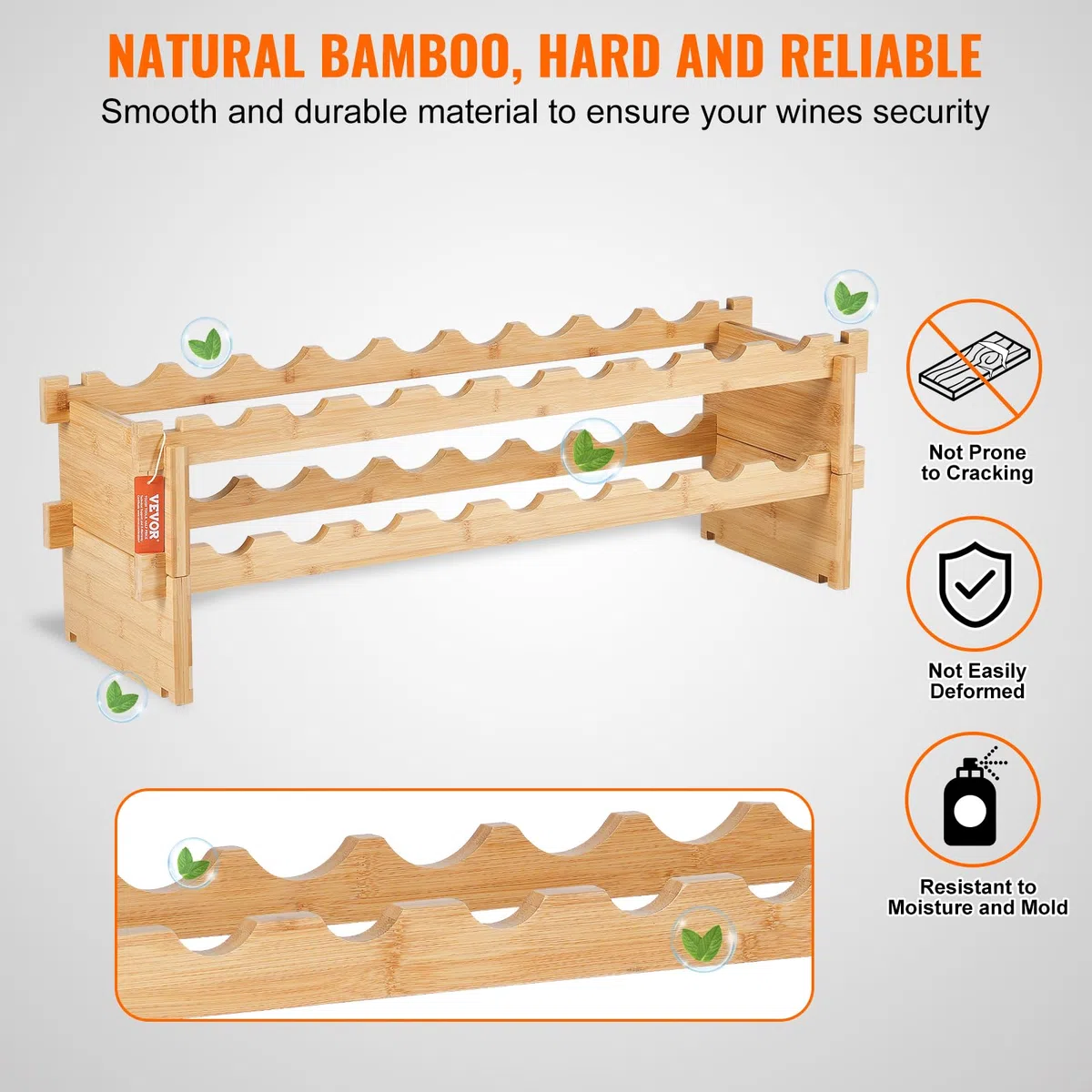 VEVOR Botellero Apilable de Vino 18 Botellas Estante de Almacenamiento de Bambú 850x250x275 mm Botellero Independiente de 2 Niveles Estantes sin Sacudidas para Cocina, Bar, Bodega, Color Natural