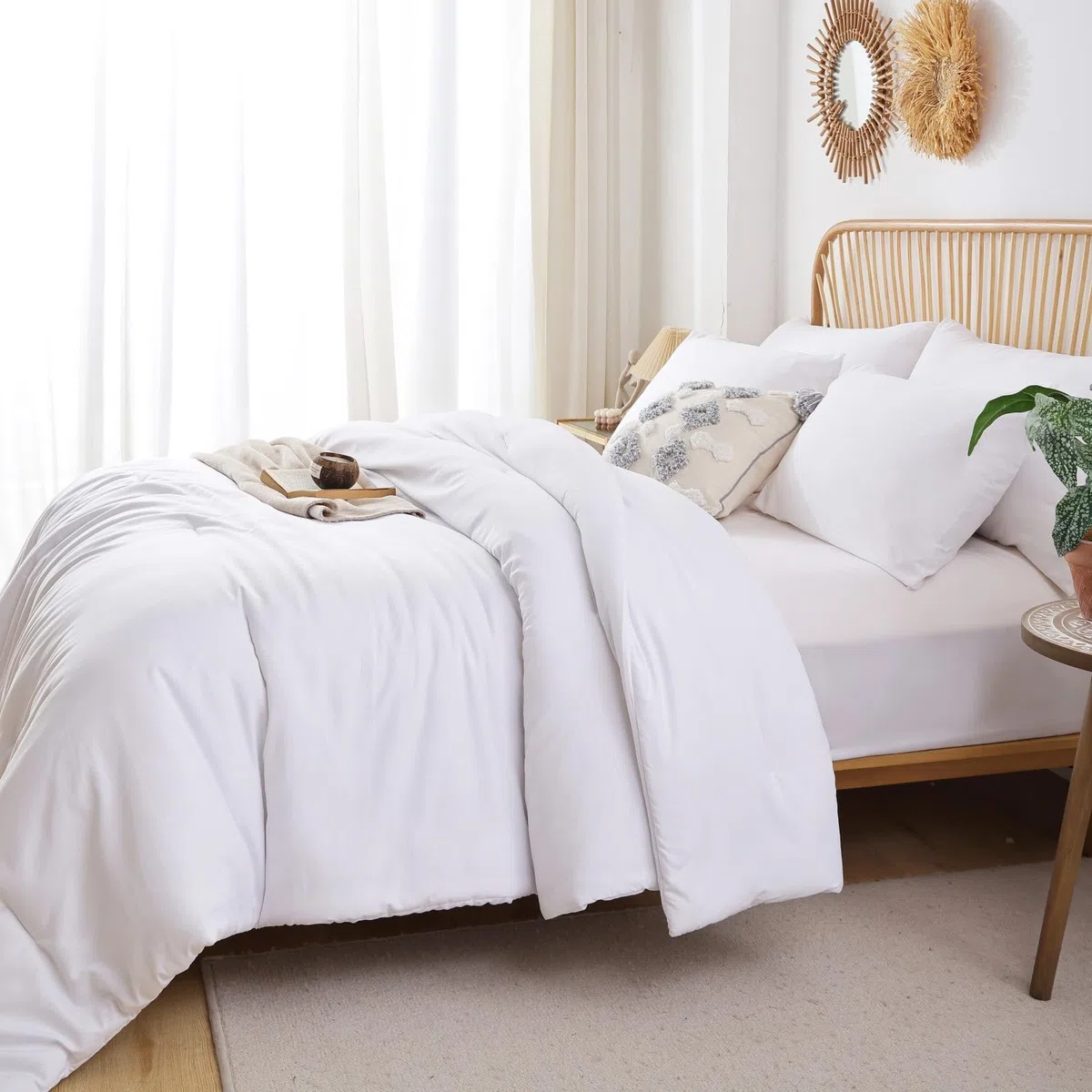 ROSGONIA Juego de edredón California King Blanco, 3 Piezas (1 edredón Bohemio Cal King y 2 Fundas de Almohada), Ropa de Cama de Hotel para Todas Las Estaciones