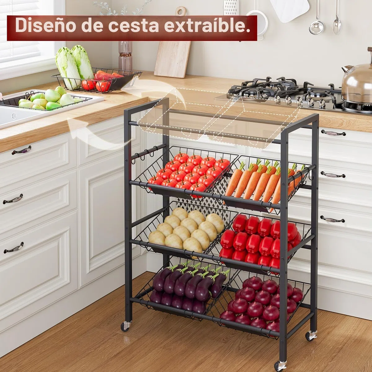 IBUYKE Grande Carrito Cocina Verdulero Frutero,Carro Auxiliar de Metal con 8 Cestas,Carrito Organizador con Ruedas para Vegetales Cebollas Patatas, Negro TLJ025B