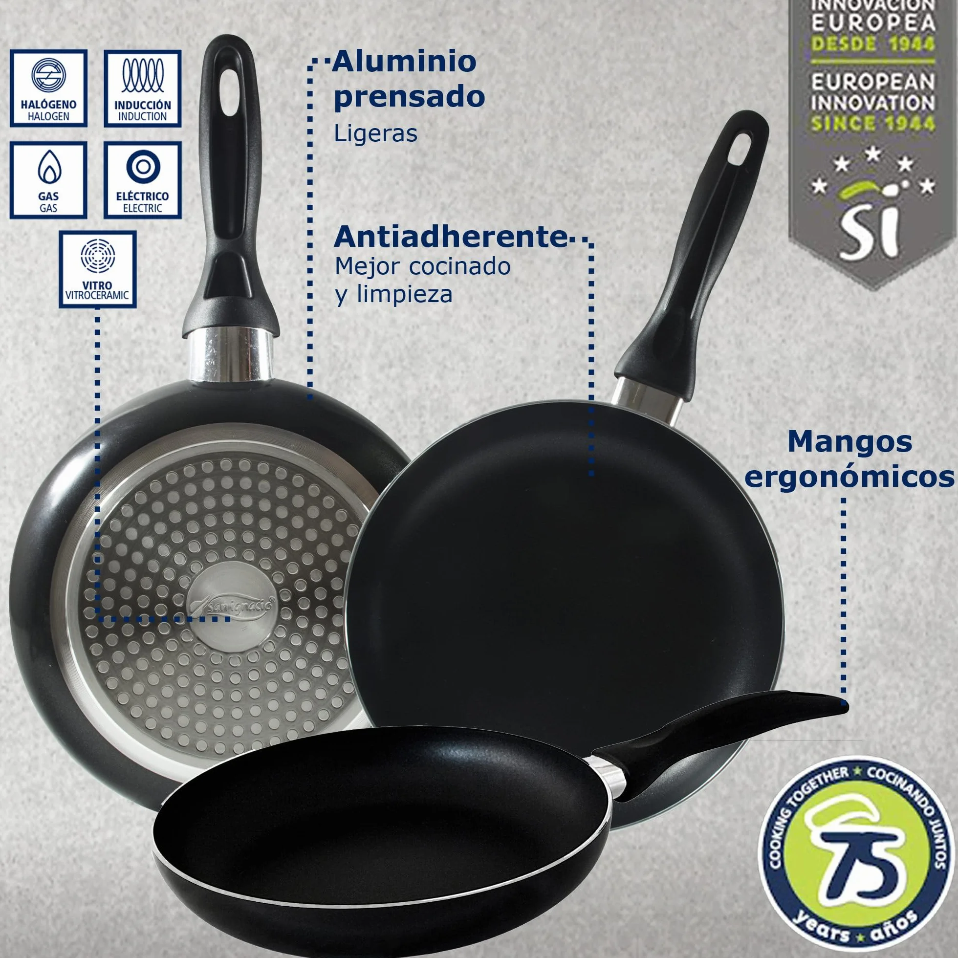 San Ignacio Premium - Batería de cocina de 3 piezas (1.6L, 2.3L, 3.3L) y Set de 3 sartenes (16-20-24 cm), aluminio prensado antiadherente, apto para todo tipo de cocinas incluido inducción, PK669