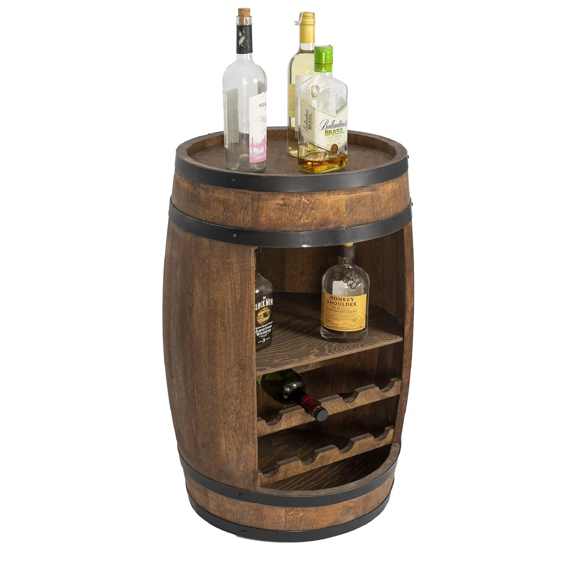 Barril de madera, barril con estantes y 2 estantes para vino, bebidas, vino, estantería de madera 82cm, decoración para habitación. Moderno armario de almacenamiento para botellas - Botellero