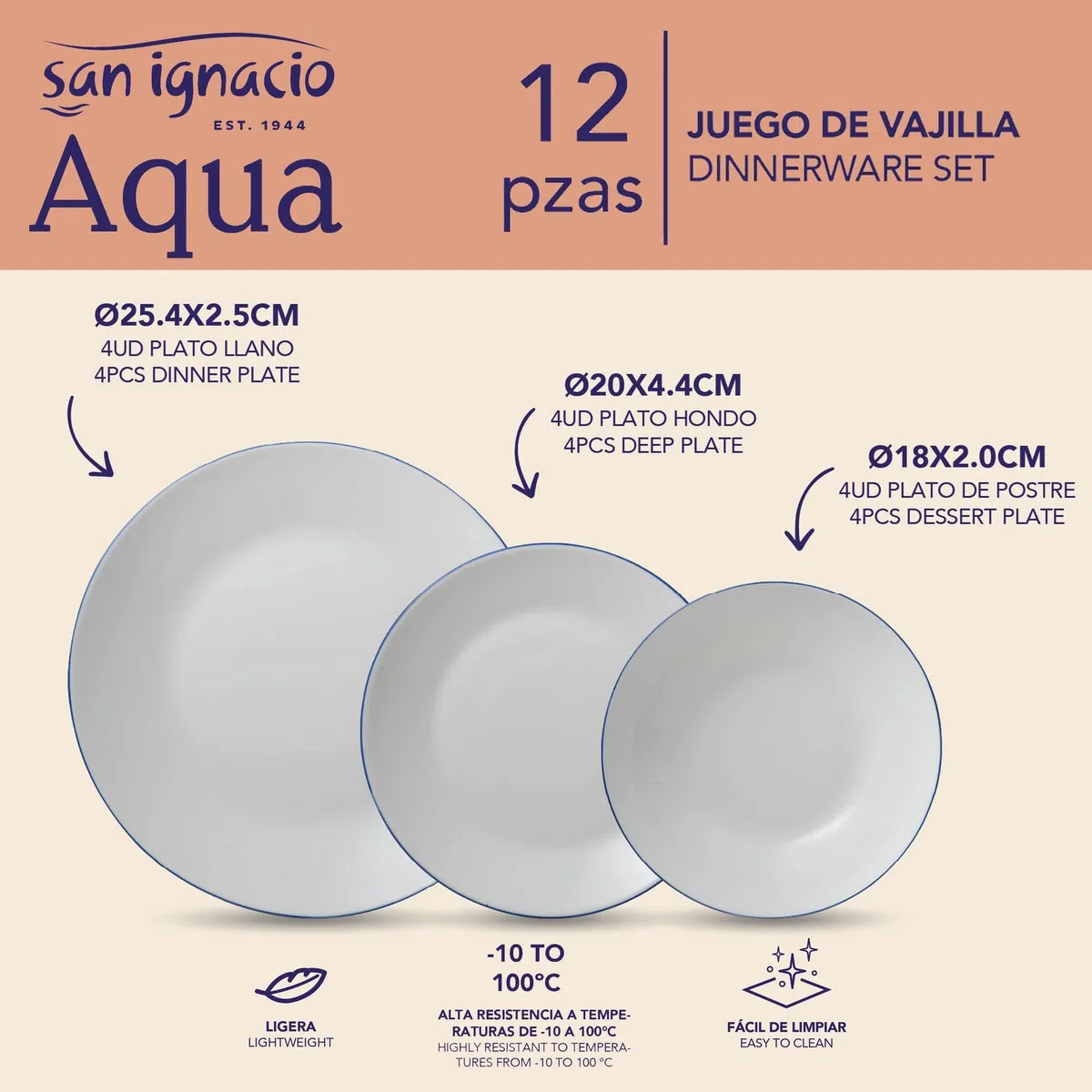 Juego de Vajilla de 12Pzs Blanco con borde azul San Ignacio