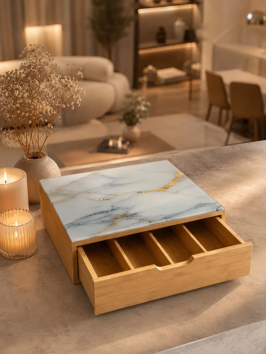 Cajón para cápsulas de bambú con superficie de cristal efecto mármol, organizador de cápsulas de café, 3 compartimentos, porta cápsulas y monodosis, ahorra espacio para cocina y café