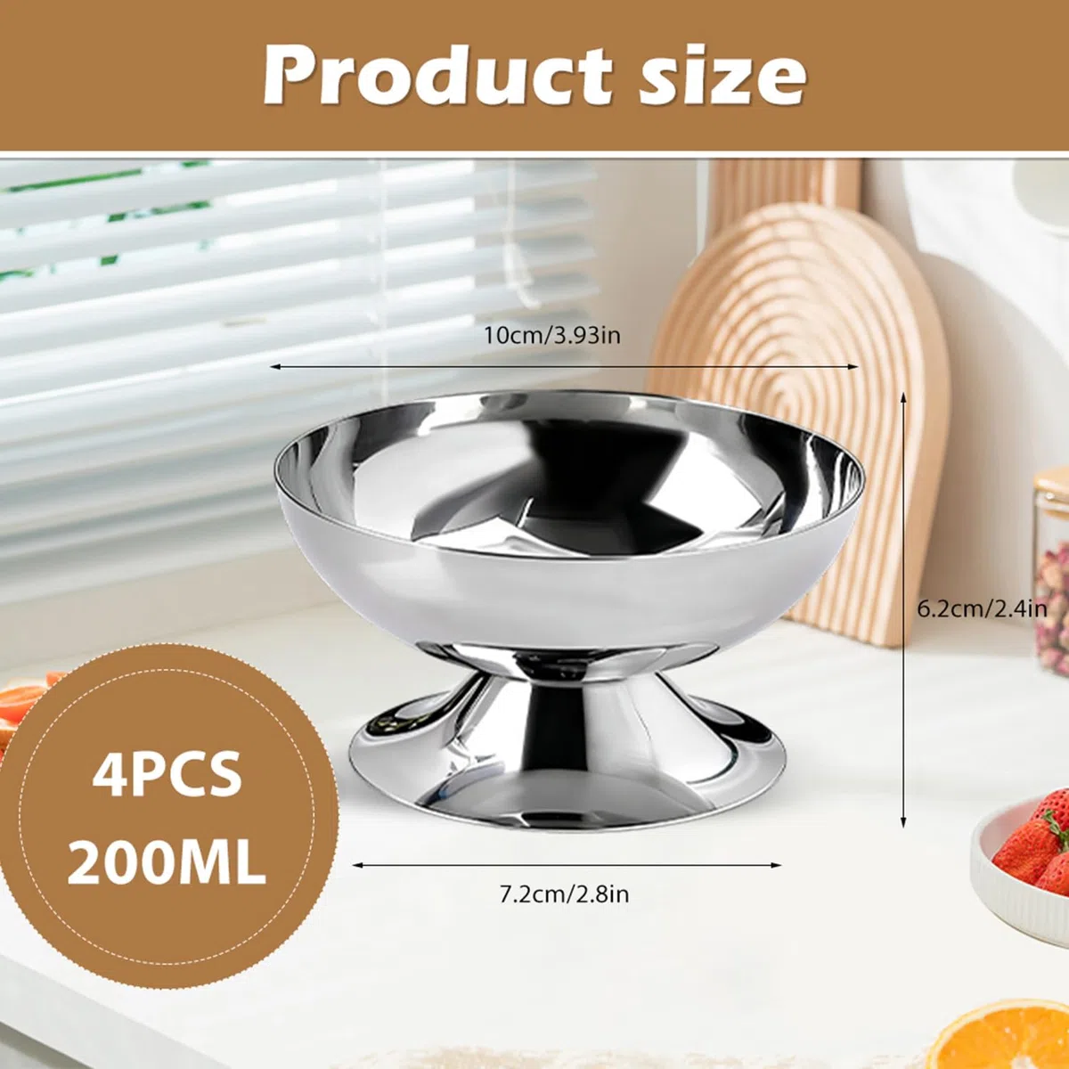 4 vasos para helados de acero inoxidable de 200 ml, cuencos de postre con pie (10 cm de diámetro) para helados, yogur, ensalada de frutas y pudines, elegantes cuencos Sundae, ideales para bodas