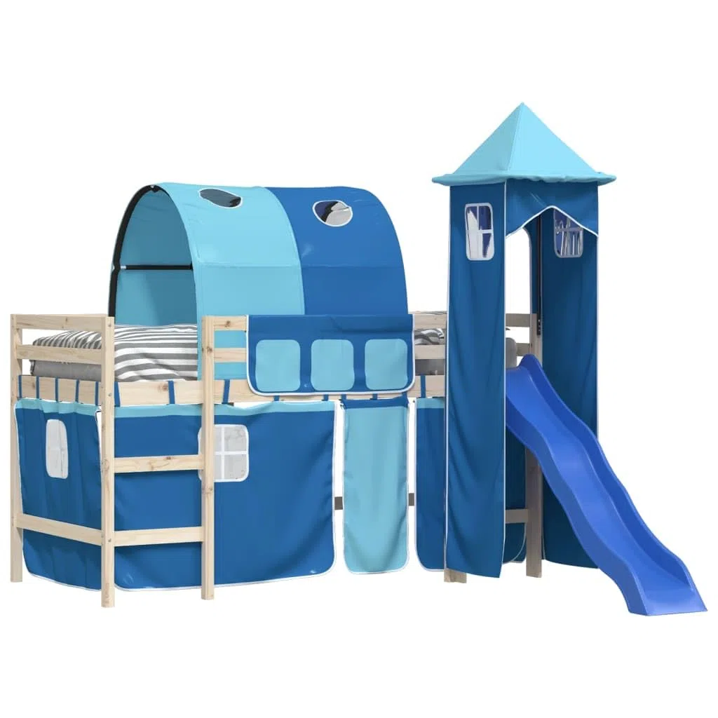 Cortinas para cama alta con túnel y torre azul de poliéster, accesorios de cama para habitación infantil, 3 bolsillos, apto para somier con somier y soporte estable, cómoda zona de juego