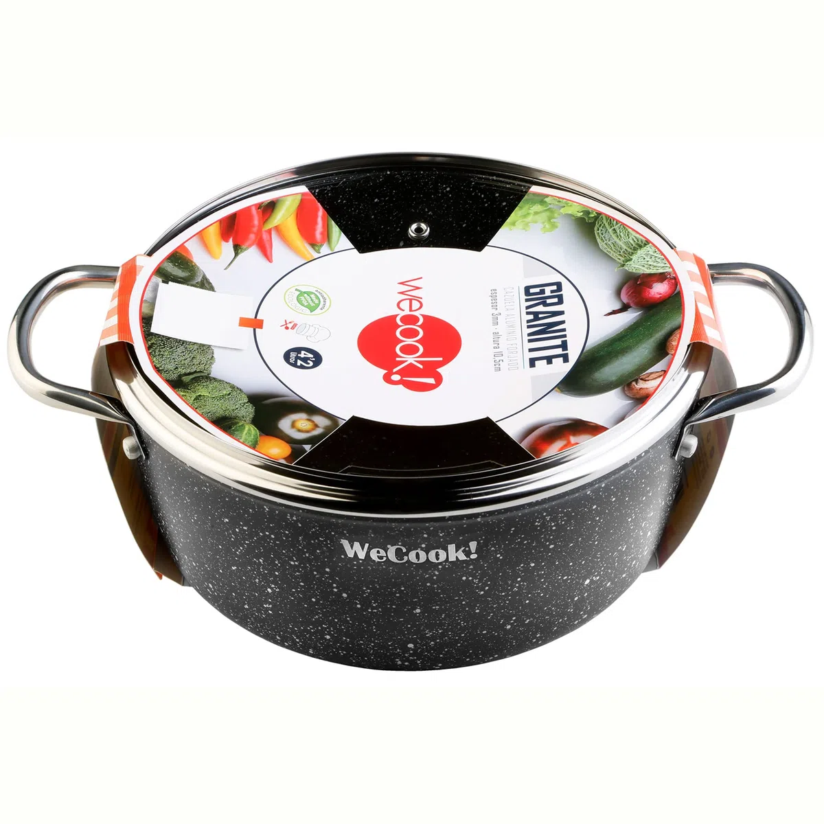 WECOOK! Granite Cazuela Alta Inducción Completa 28cm Tapa Vidrio, Aluminio Forjado 6,7 Litros, Antiadherente Ecológico Piedra sin PFOA, Asas Acero, Apta Todas Cocinas, Vitrocerámica, Gas, Horno