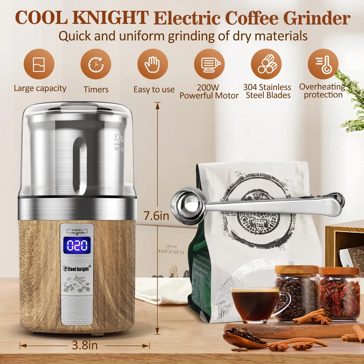 COOL KNIGHT Molinillo Cafe Electrico, Molinillo Café Con Contador Y 1 Taza De Molienda De Acero Inoxidable, Molinillo De Especias Con Capacidad De 100g, Apto Para Especias, Granos De Café,Nueces,Etc.