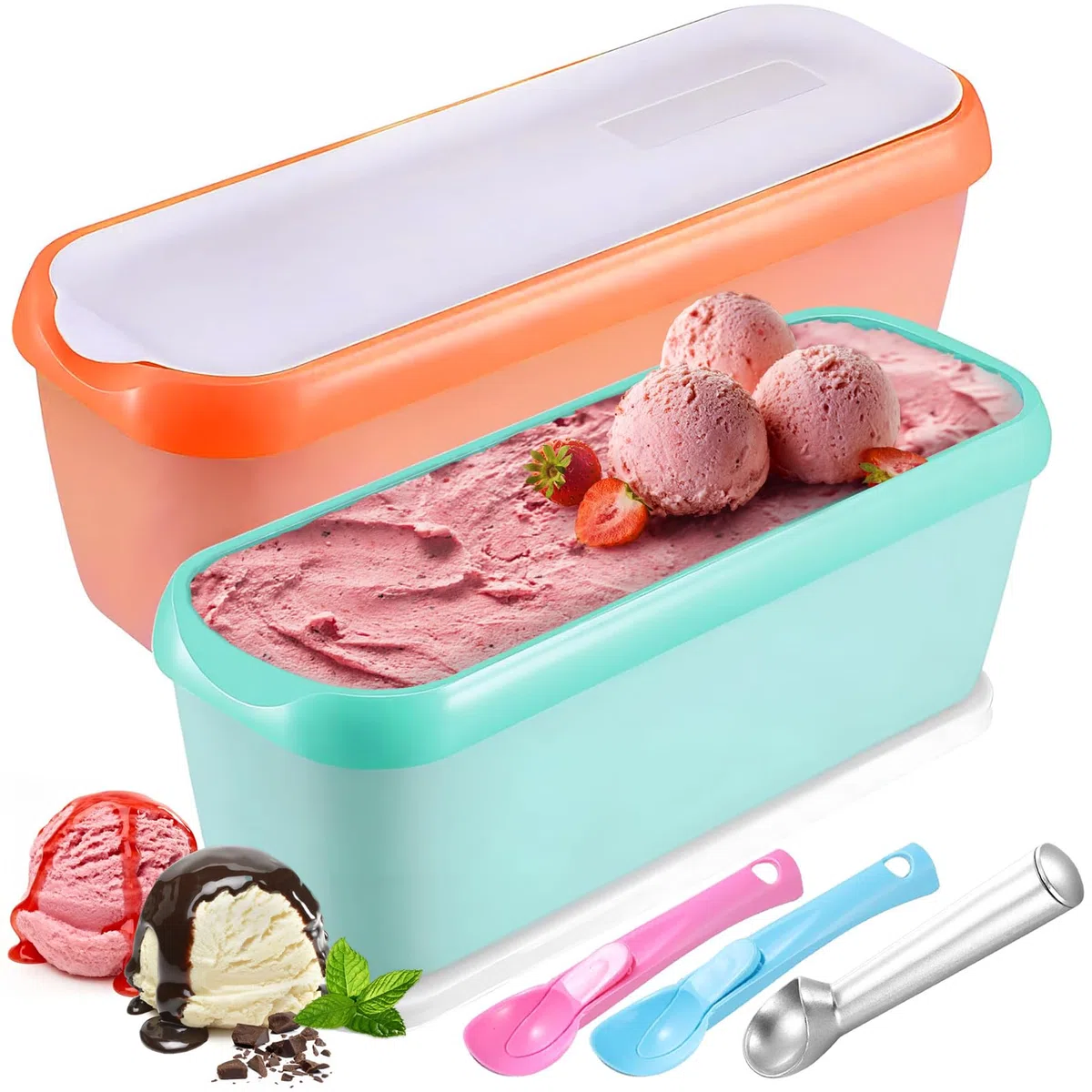 2 Piezas Recipientes para Helados con 3 Cucharas, Contenedores de Hielo para Helados de 1,5 litros, Recipientes de Almacenamiento Congelador con Tapa de Silicona, Sin BPA para Accesorios de Cocina