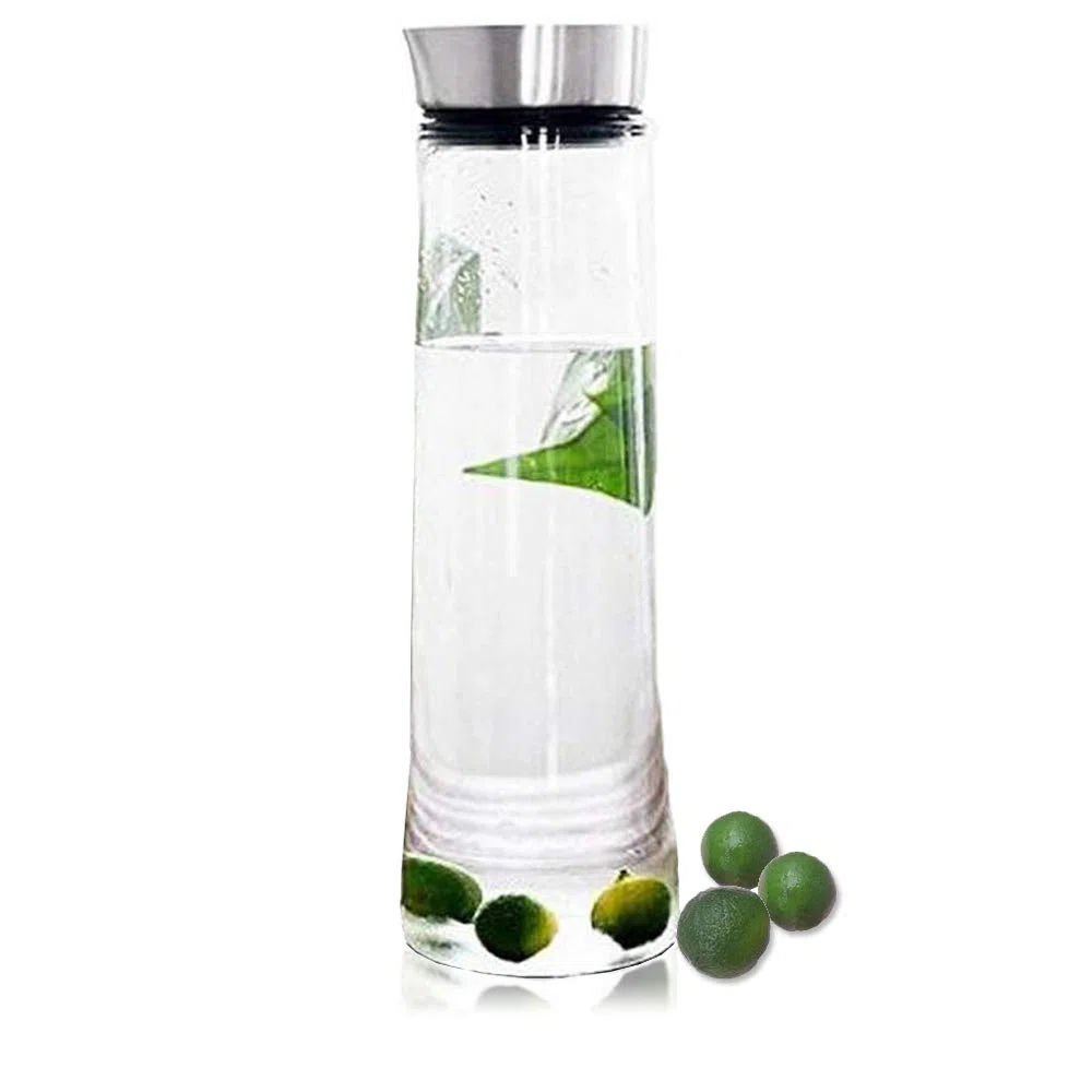 Jarra con tapa Buwico de 1 L para agua o botella de zumo, de cristal de borosilicato con tapa de acero inoxidable, para té helado, infusiones, agua, leche, zumo, limonada y bebidas espumosas, cristal de borosilicato, 1 litro