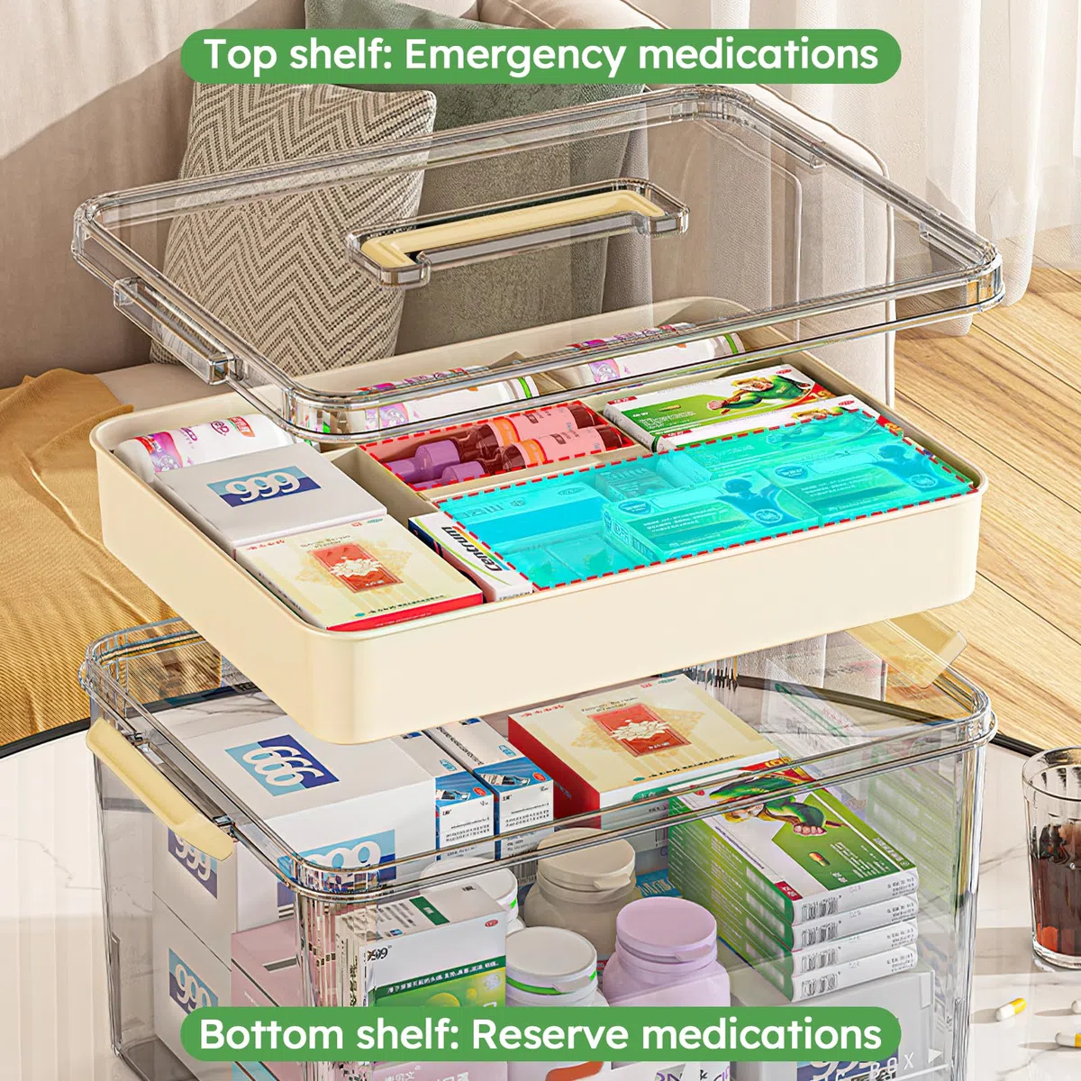 Caja de medicamentos con 2 compartimentos, organizador de medicamentos, con asa, caja de medicamentos portátil, grande, botiquín casero