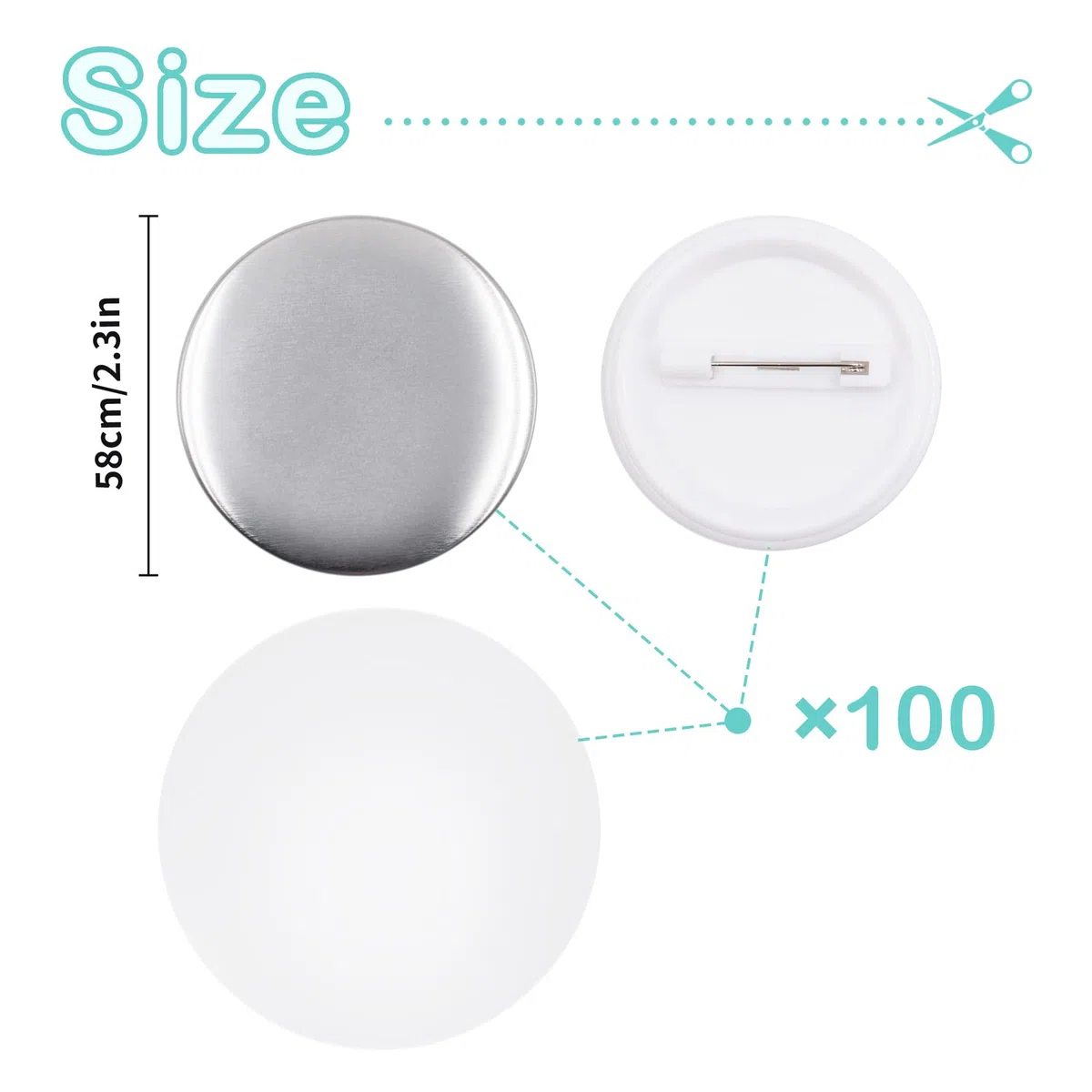 100 piezas 58mm Botón de Pin Redondo Bandejas Button proporciona piezas de botón trasero para el proceso DIY de la máquina de fabricación de botones, incluyendo la carcasa metálica