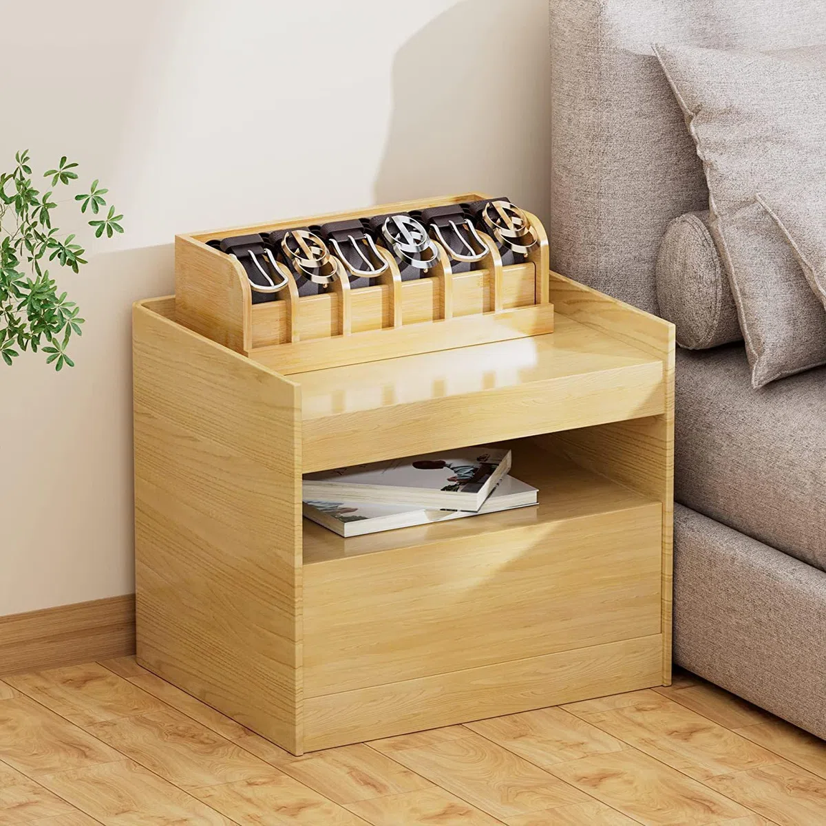ADESUGATA Caja de almacenamiento para cinturón, organizador de cinturón de madera blanca, accesorios de armario