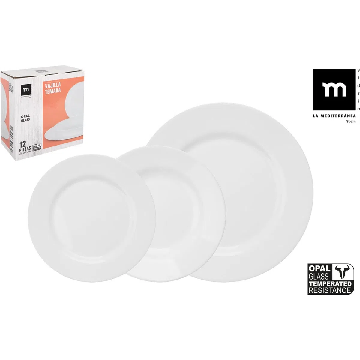 La Mediterránea Vajilla Completa 12 Piezas de Vidrio Templado, Incluye 4 Platos Llanos de (26.5 cm), 4 Platos Hondos de (20.5 cm) y 4 Platos de Postre de (19 cm), Colección Temara