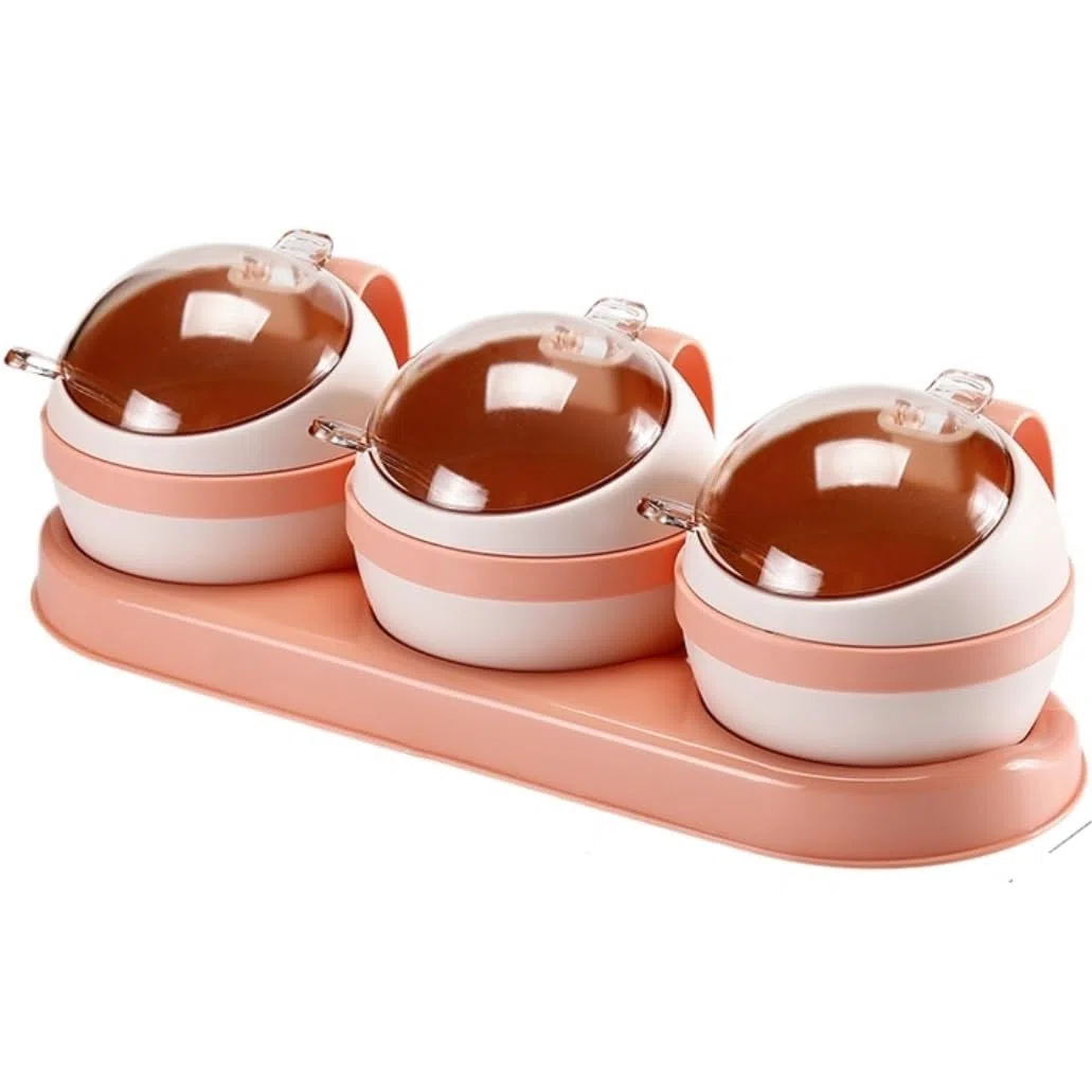SAeWare Juego de tarros de condimentos de plástico para condimentos, botella de especias con tapa para cucharas, encimera de cocina, color rosa, 3 piezas