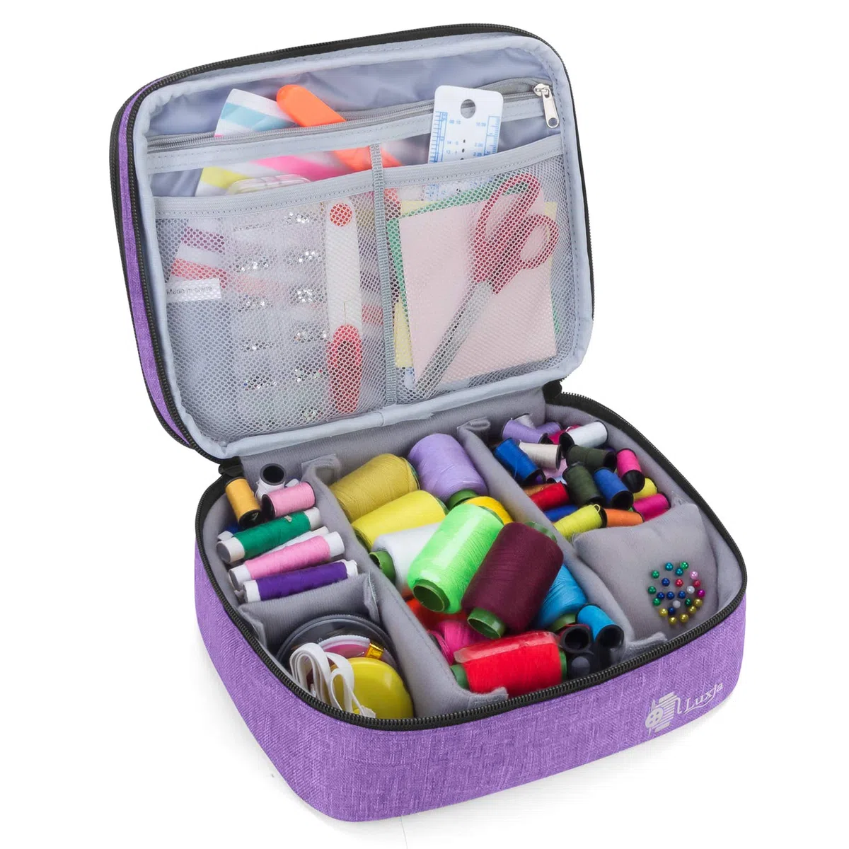 Luxja Bolsa para Kit de Costura, Doble Capa Organizador de Accesorios de Costura, Bolsa para Agujas, Hilo, Tijeras y Otras Materiales de Costura, Púrpura