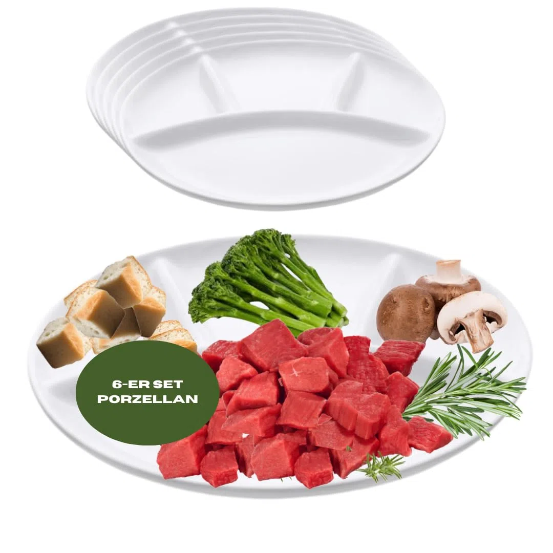 Juego de 6 platos para fondue Ø24 de porcelana blanca – Subdivisión 4 compartimentos – Resistente a los arañazos – Apto para horno y lavavajillas – Platos de alta calidad para sushi, tapas – Uso en