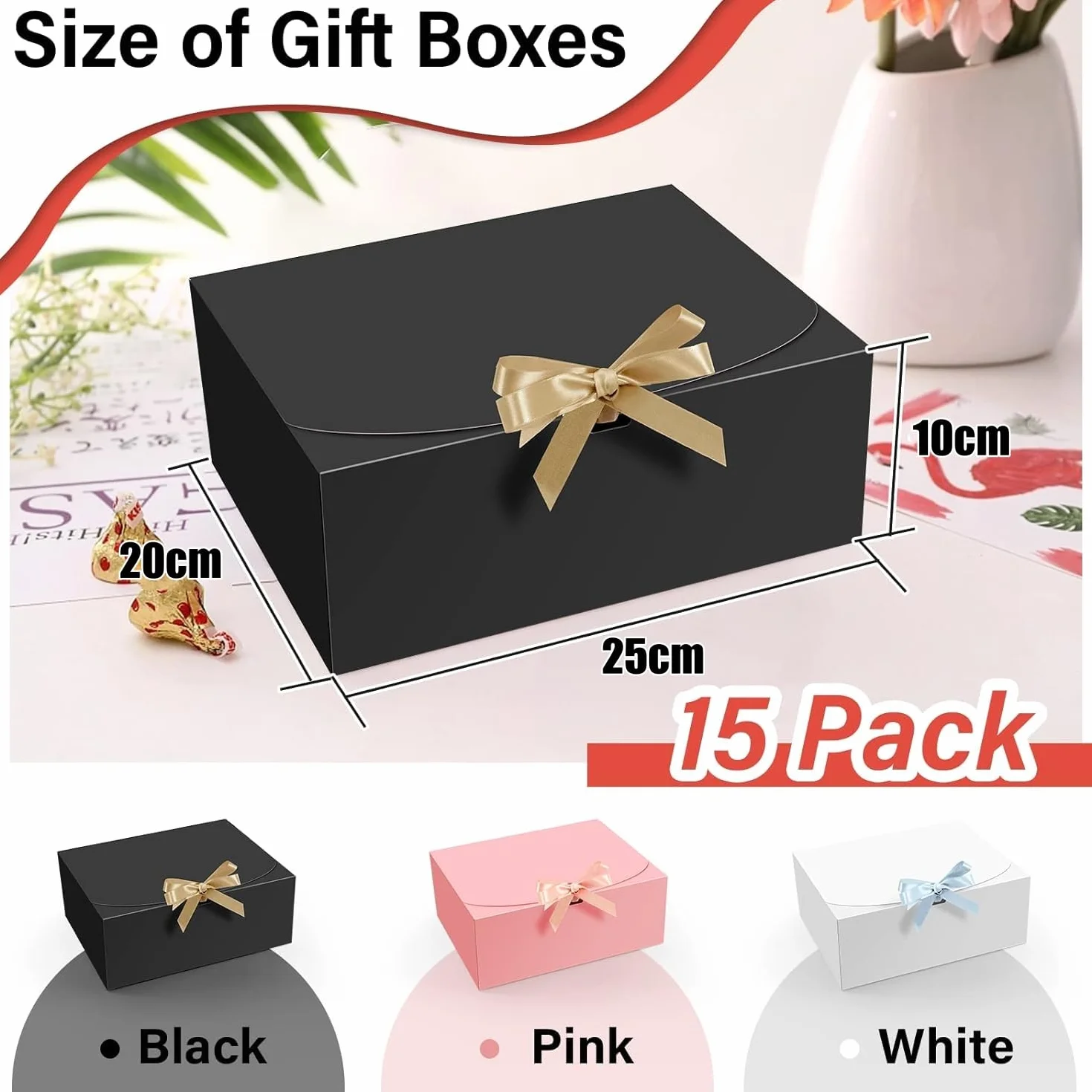 LATERN 15 Piezas Cajas de Regalo con Tapas, 25CM x 20CM x 10CM Negro Caja de Regalo de Papel Kraft Caja de Propuesta de Dama de Honor con Cinta Plateada para Boda Cumpleaños Navidad Presente Embalaje