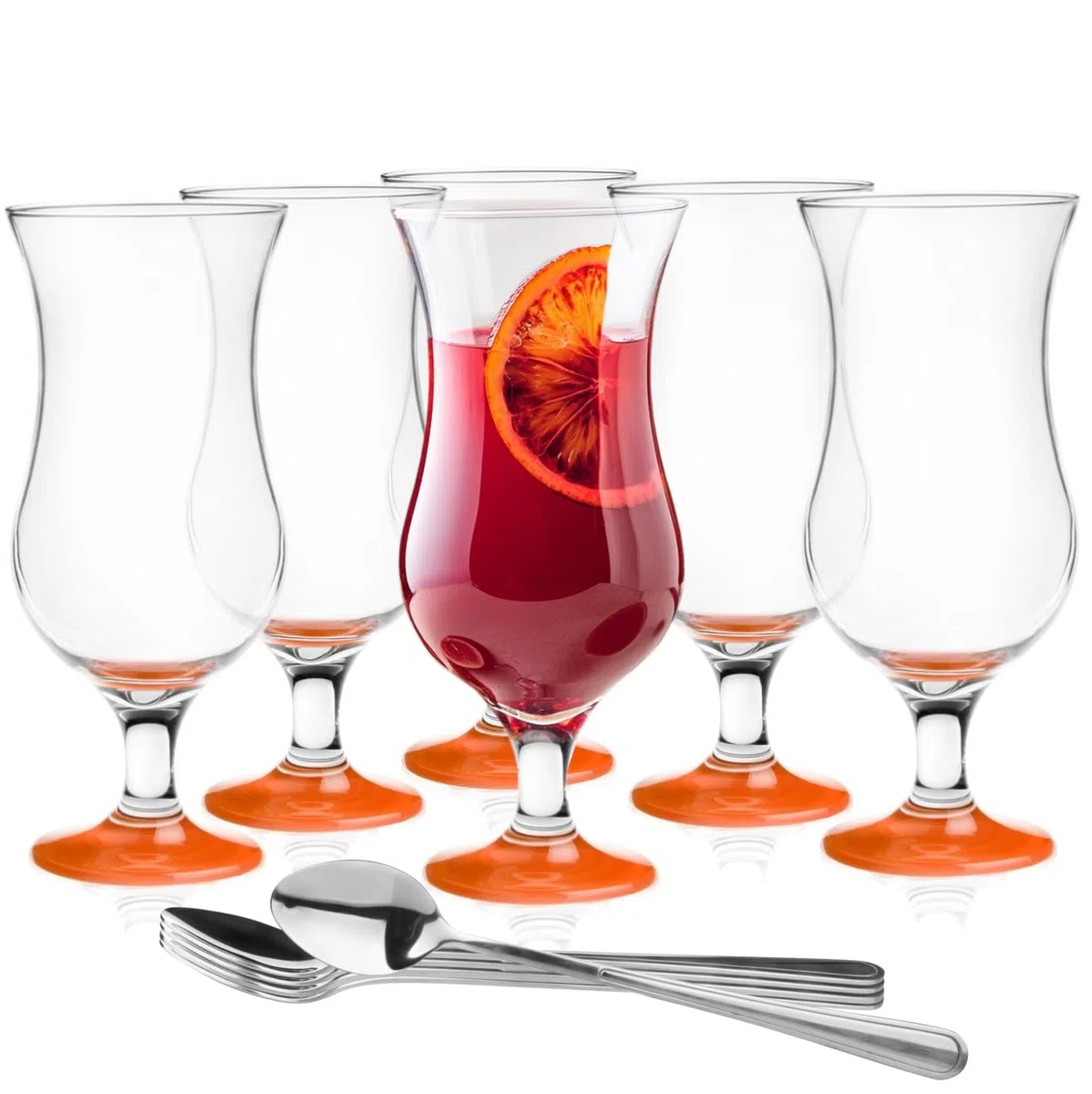 Glasmark KROSNO 1992 Juego De 6 Vasos Para Cócteles Para Zumo Agua Soda 420 ml En Vidrio Transparente Fondo De Color Naranja Con Cucharillas
