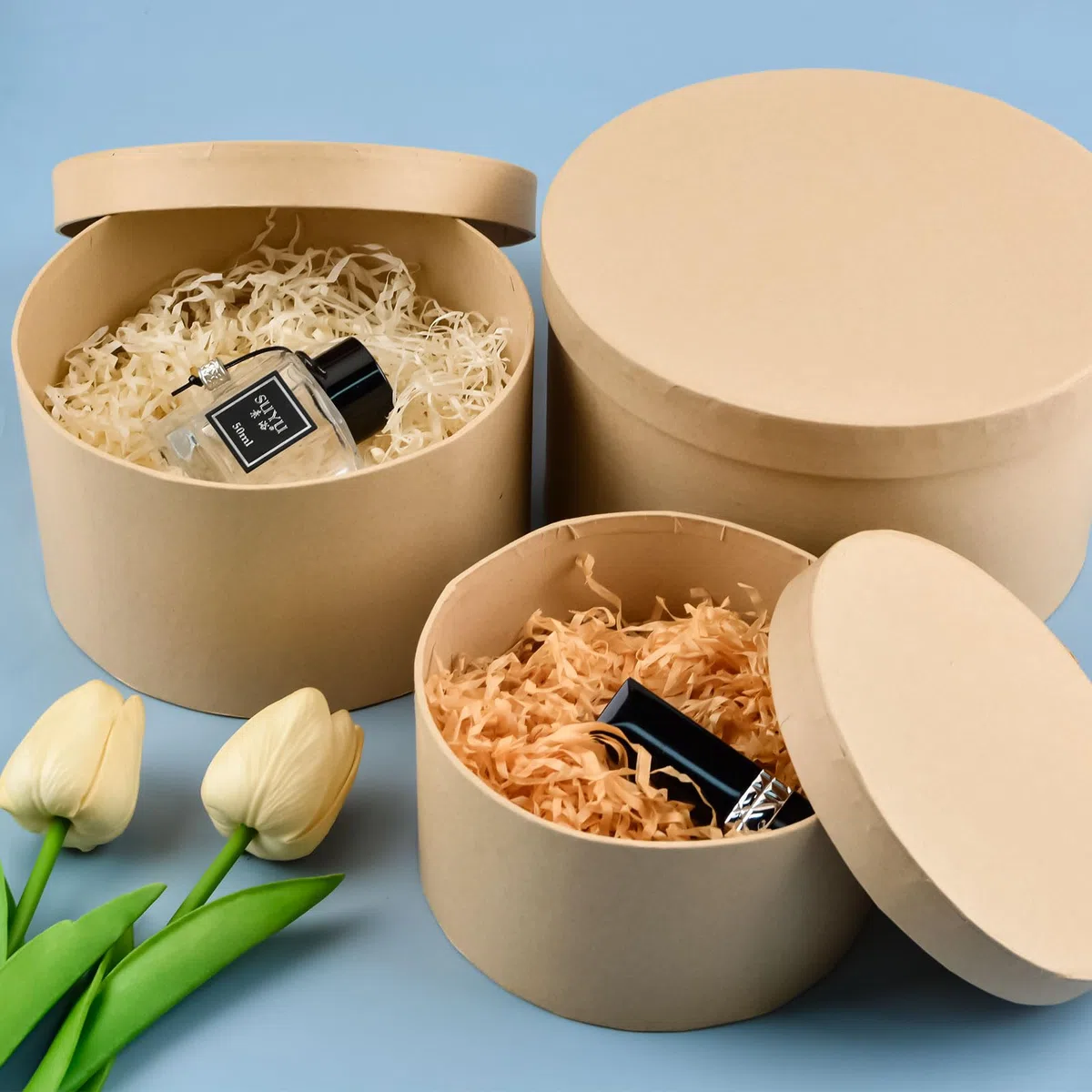 WANDIC Caja de papel maché, juego de 3 cajas redondas de papel maché para sombreros, recipientes de papel kraft con tapas, ideales para pintura, manualidades y almacenamiento, accesorios, cosméticos,