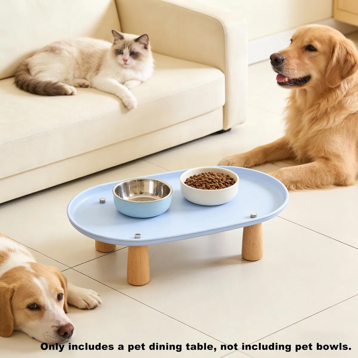 Soporte Elevado para Gatos Comedero Recipiente de Comida Y Agua Soporte Antideslizante Fabricado en Madera Y PP para Alimentación Saludable Adecuado P, Azul 38cmx21cm, Individual