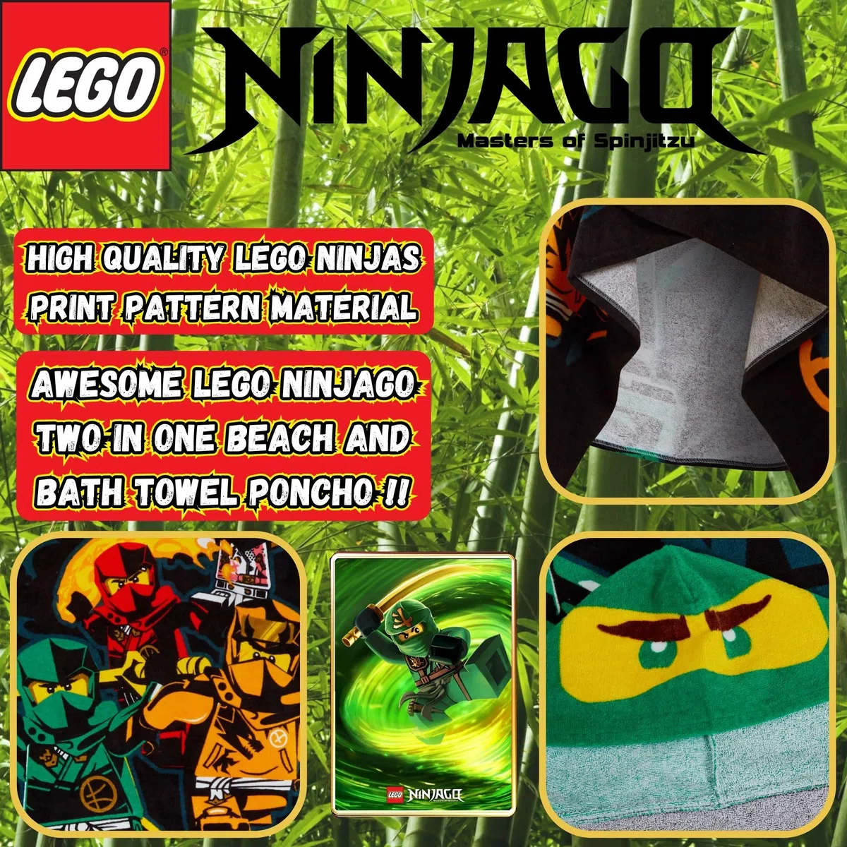 LEGO Toalla con capucha Ninjago para niños, poncho, toalla de playa, toalla de baño, envoltura para nadar