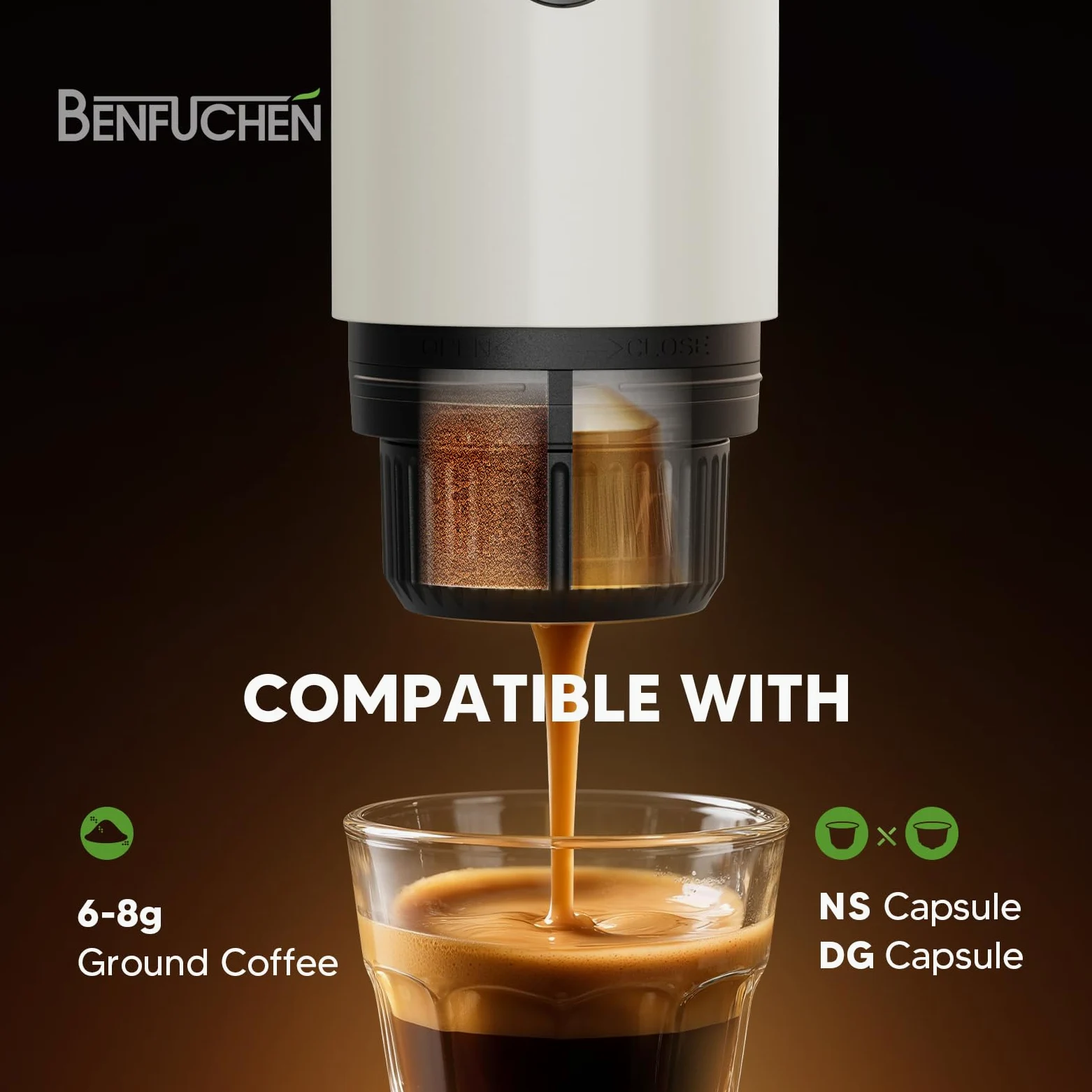 Cafetera portátil 3 en 1 de 19 bares con calefacción automática, compatible con cápsulas NS y DG y café molido para camping, senderismo, viajes y hogar (blanco)