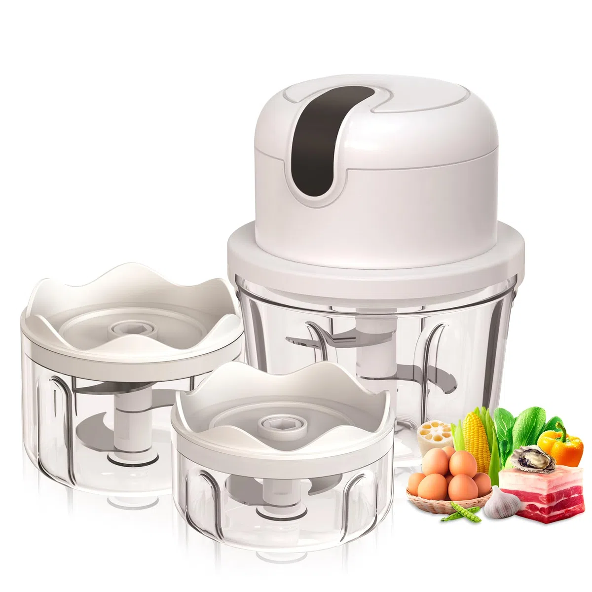 Picadora eléctrica con puerto USB, mini robot de cocina, 100 ml, 250 ml, 300 ml, cortador de verduras eléctrico con 3 cuchillas afiladas, prensa de ajo multifunción para carne, verduras, frutas