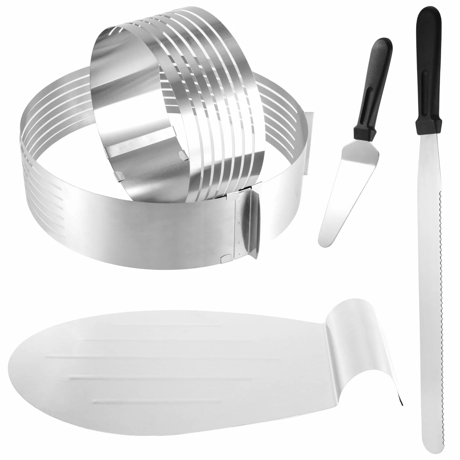 Juego de 5 Piezas de Ayuda de Corte para Tartas, Juego de Accesorios para Tartas con Base de Pastel, Ayuda de Corte Ajustable de 6-8 Pulgadas, Cuchillo de pastelería, Servidor de Pasteles