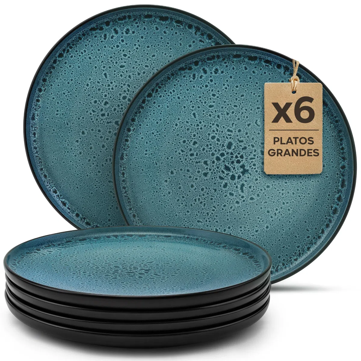 Twinzee Vajillas Completas 6 Personas de Gres Azur Resistente - 6 Platos Grandes estilo Riviera - Apta microondas