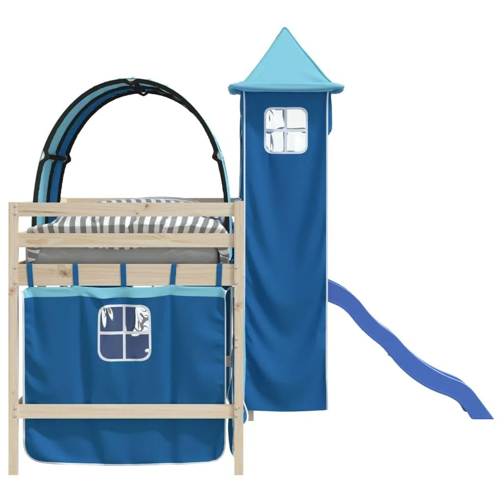 Cortinas para cama alta con túnel y torre azul de poliéster, accesorios de cama para habitación infantil, 3 bolsillos, apto para somier con somier y soporte estable, cómoda zona de juego