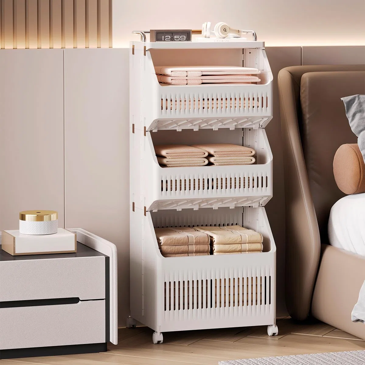 Carrito Auxiliar con Ruedas para Cocina. Armario Organizador Apilable para Baño. Cesto para Ropa Sucia. Carrito de Almacenamiento Multiusos. (2 Estantes)