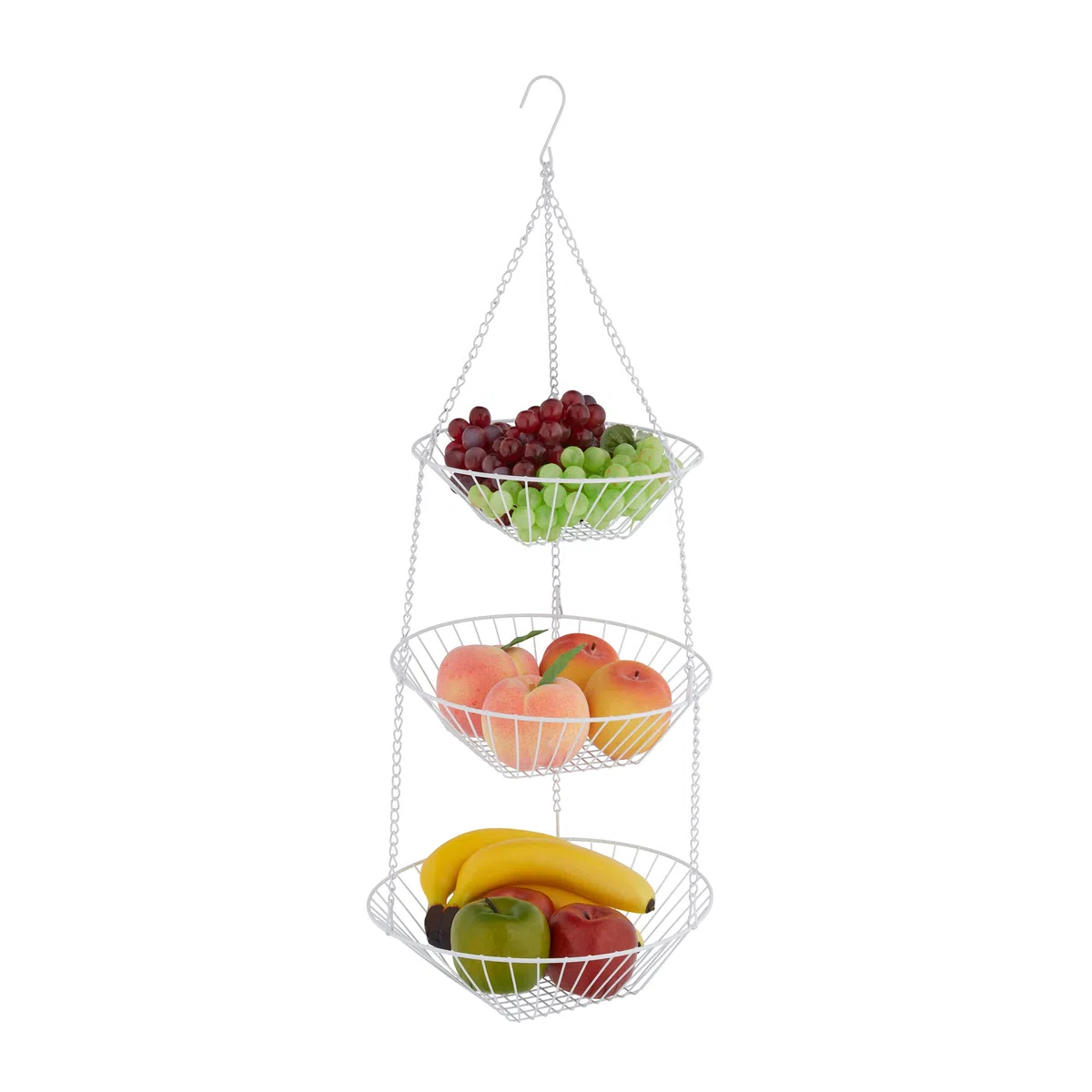 Relaxdays Frutero Colgante, 73x28 cm, 3 Niveles, Acero, Cesta Redonda Fruta y Verdura, Almacenamiento Cocina, Blanco