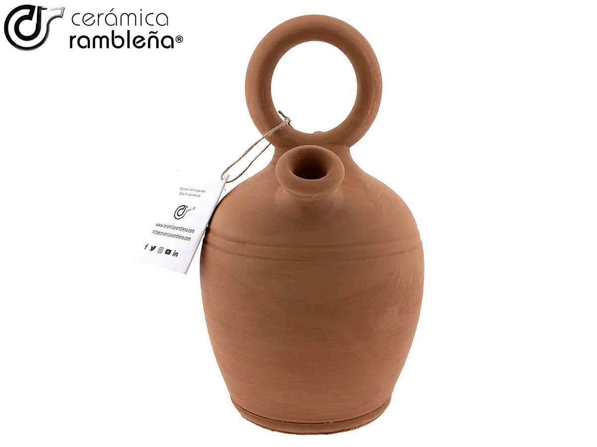 CERÁMICA RAMBLEÑA | Botijo de Barro Rojo Tradicional asa Redonda Base Ancha de La Rambla (Córdoba) | 100% Hecho a Mano | 3 litros | Eco | Plato NO Incluido