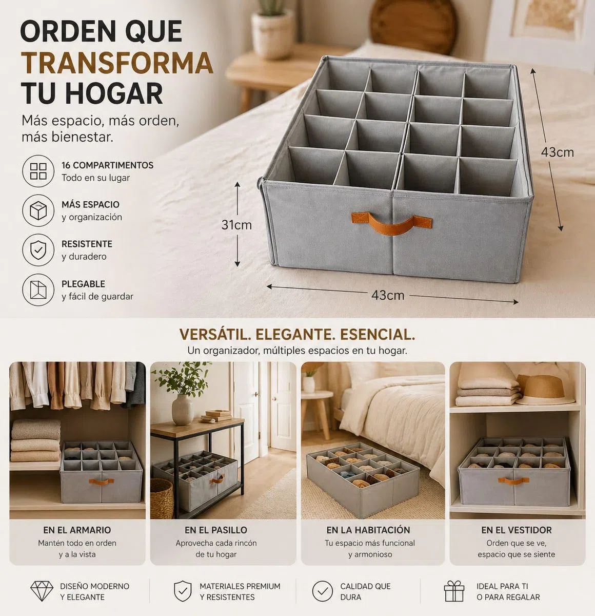 Genérico Organizador de Zapatos Ajustable 16 Compartimentos – Caja Organizadora con Separadores Flexibles, Multiuso para Zapatos Grandes, Ropa y Accesorios – Plegable con Tapa Transparente