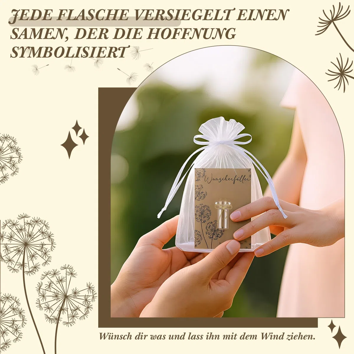 Geiserailie 12 Set Pequeño Concededor de Deseos Dientes de León en Frasco Tarjeta Bolsa de Organza Cuerda Regalo de Gracias Amuleto de Suerte Favores de Fiesta para Navidad Cumpleaños Boda