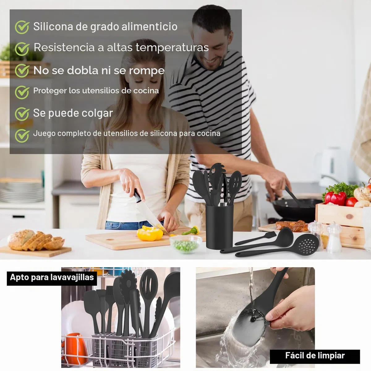 Joyfair - Juego de 15 utensilios de cocina de silicona resistente al calor con soporte para utensilios de cocina antiadherentes, apto para lavavajillas, color negro