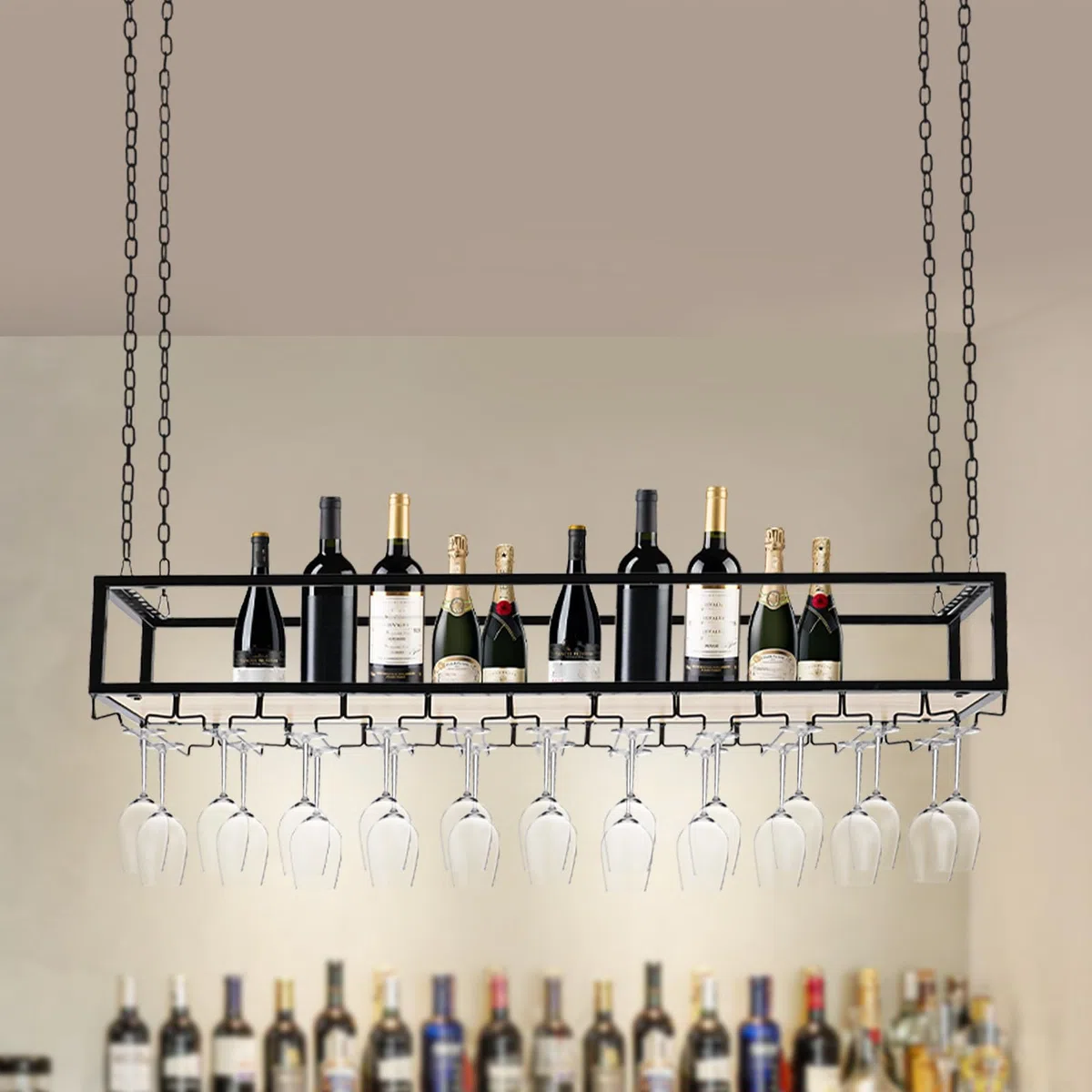 Estante colgante negro para copas de vino, soporte de techo con soporte de cristal, soporte ajustable para botellas de vino industrial, para enfriadores de vino privados, cocinas, hoteles,