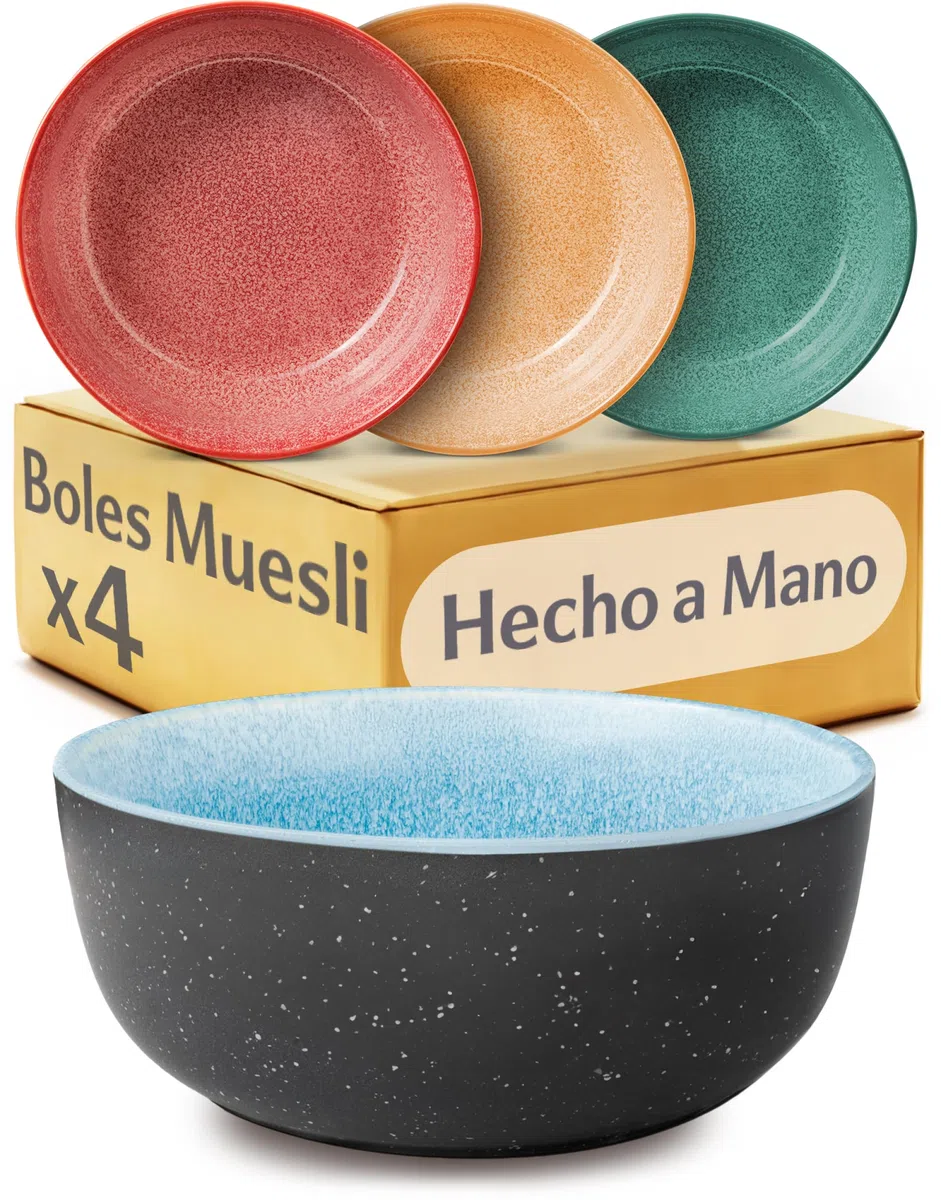 Cosumy Set de 4 Cuencos para Muesli en Gres (800ml Bowl)– Vajilla Artesanal con Esmalte Reactivo – Cuencos de Ceramica Apto para Microondas y Lavavajillas – Set de 4 Bol para Desayuno, Muesl & Bowls