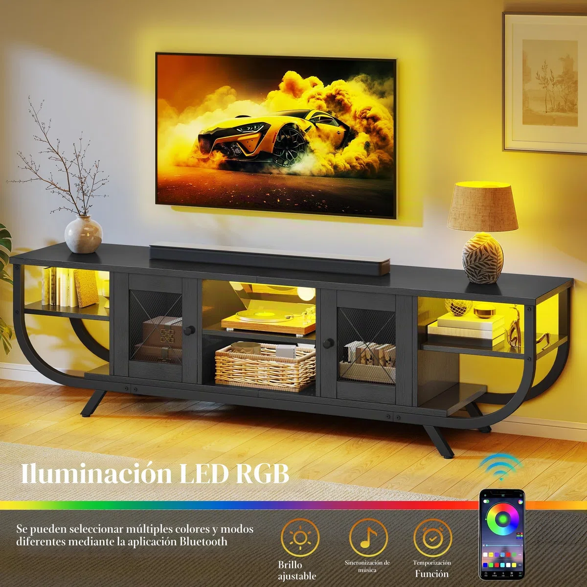 YITAHOME Industrial Mueble de TV, Mesa de TV de hasta 65 Pulgadas, 160 cm Mueble TV Salon con LED, Estantes Abiertos Centro de Entretenimiento Alto para Salón, Dormitorio, Negro