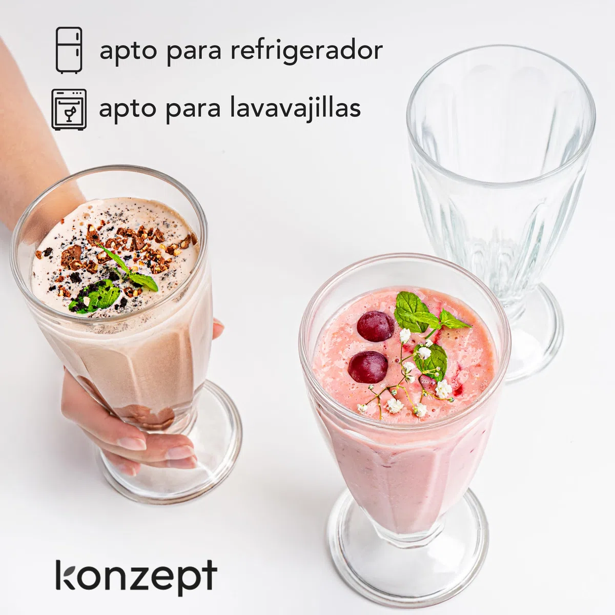 KONZEPT Copas para helado 300 ml – Set de 12 copas de postre de vidrio con pie, ideales para batidos, yogur, frutas y postres fríos
