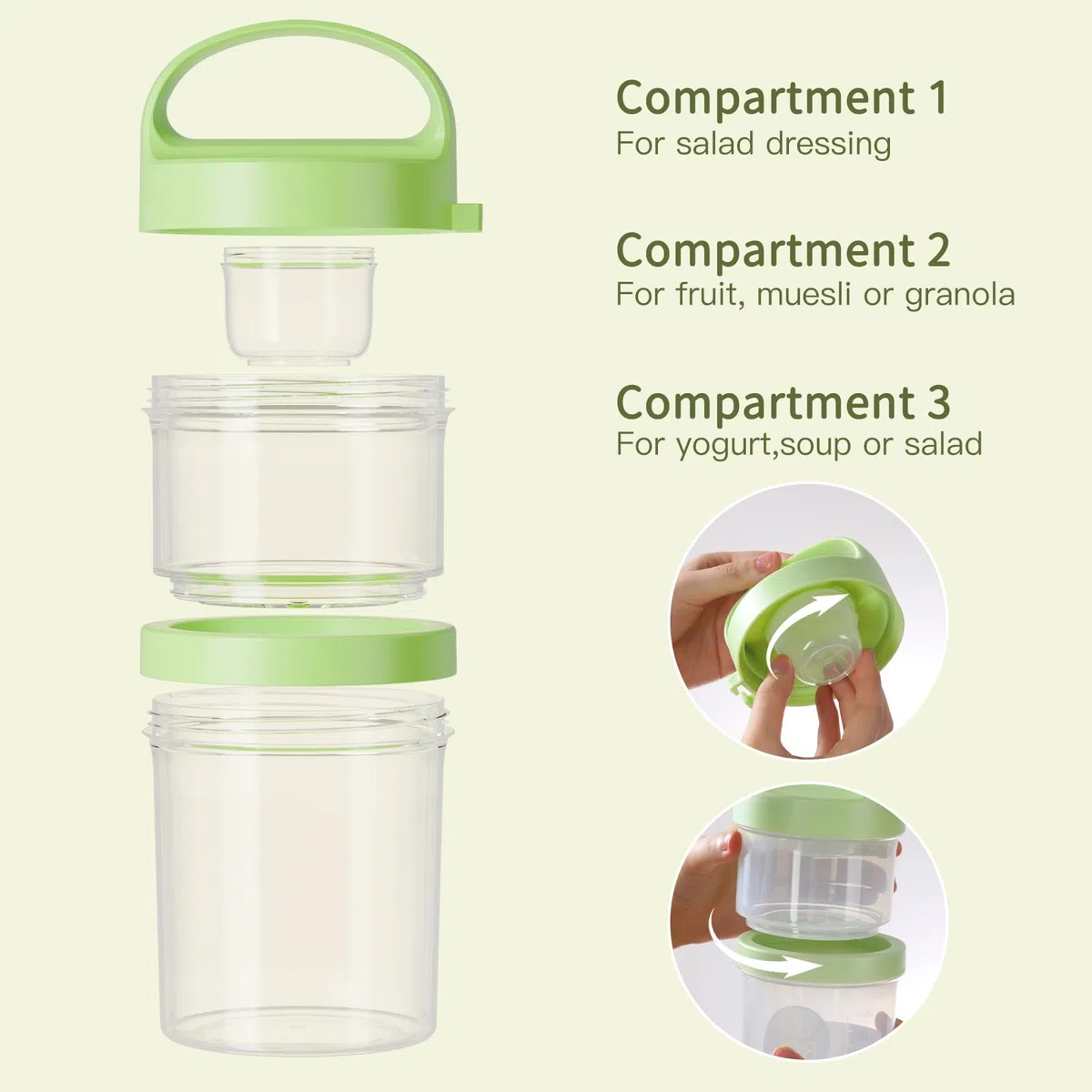 Luxear Juego de 2 Portátil Taza de Cereales y Yogur 560ml+360ml, Reutilizable Taza para Cereales para Llevar con Tapa y Cuchara, Libre de BPA, Ideal para Yogur, Frutos Secos y Avena, Blanco y Verde