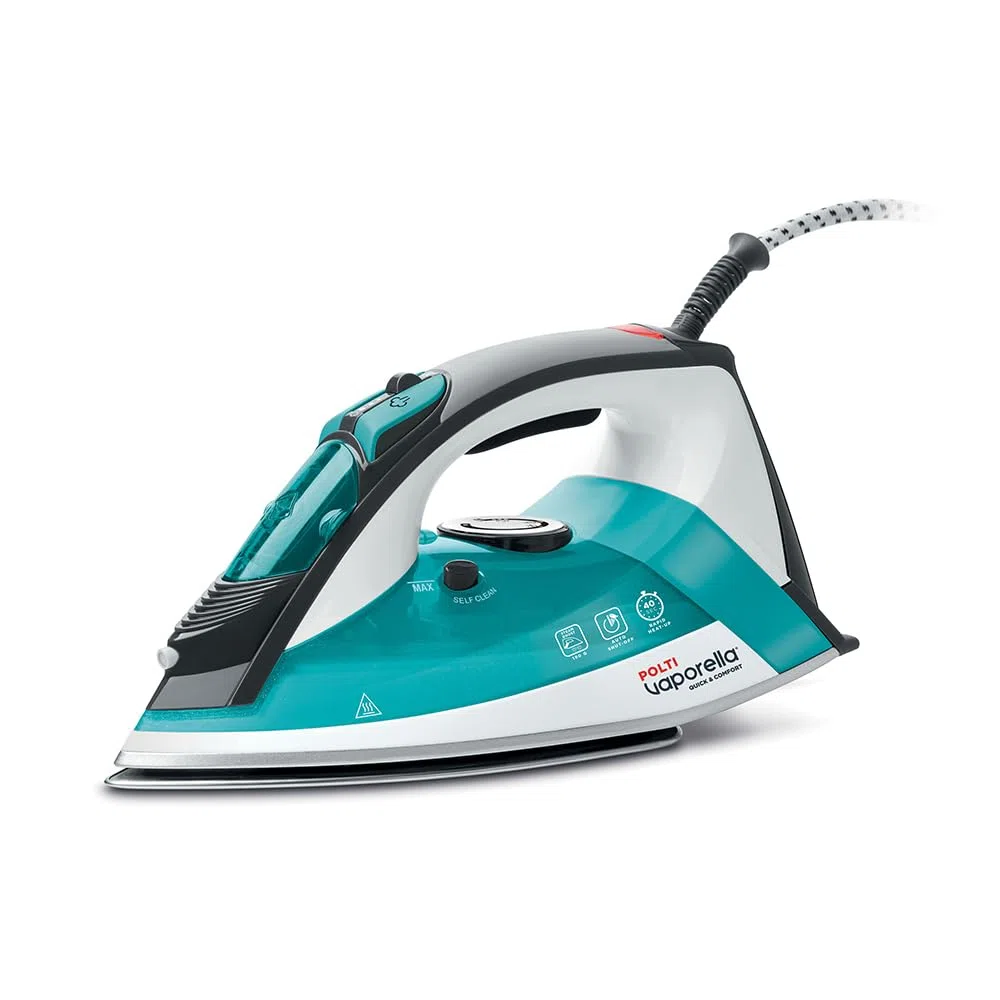 Polti Vaporella Quick&Comfort QC120, Plancha de Vapor con Suela de Acero Inoxidable, Empuñadura Soft Touch, Potencia 2200 W, Depósito 300 ml, Golpe de Vapor 180 g, Azul Claro y Negro
