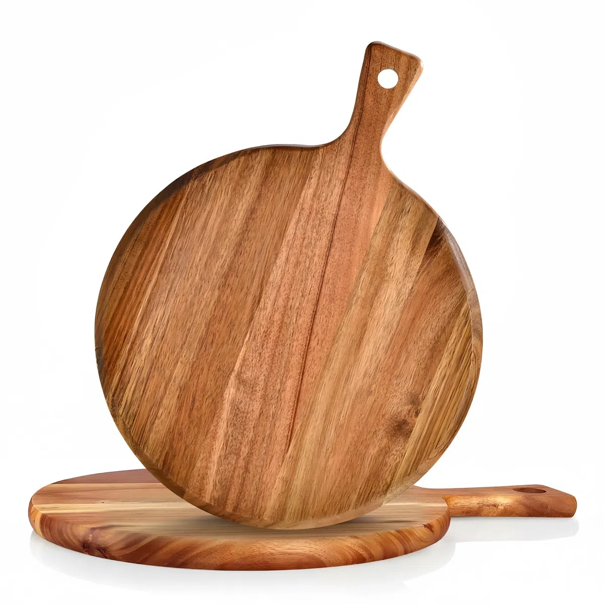 Juego de 2 tablas de pizza de madera de 30 cm de diámetro con asa, platos de madera de acacia premium, tabla redonda para servir y cortar pizzas, tartas flameadas, queso